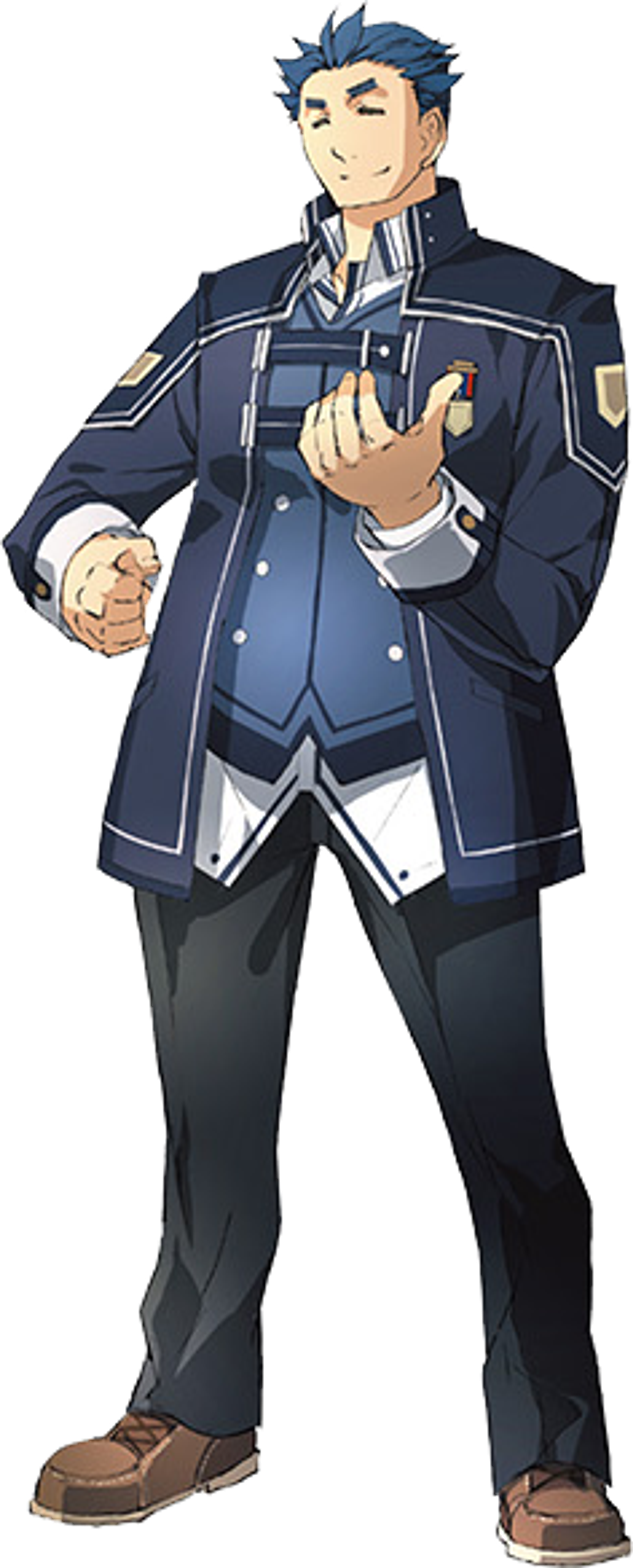 A young man with blue hair wearing a dark blue military-style uniform