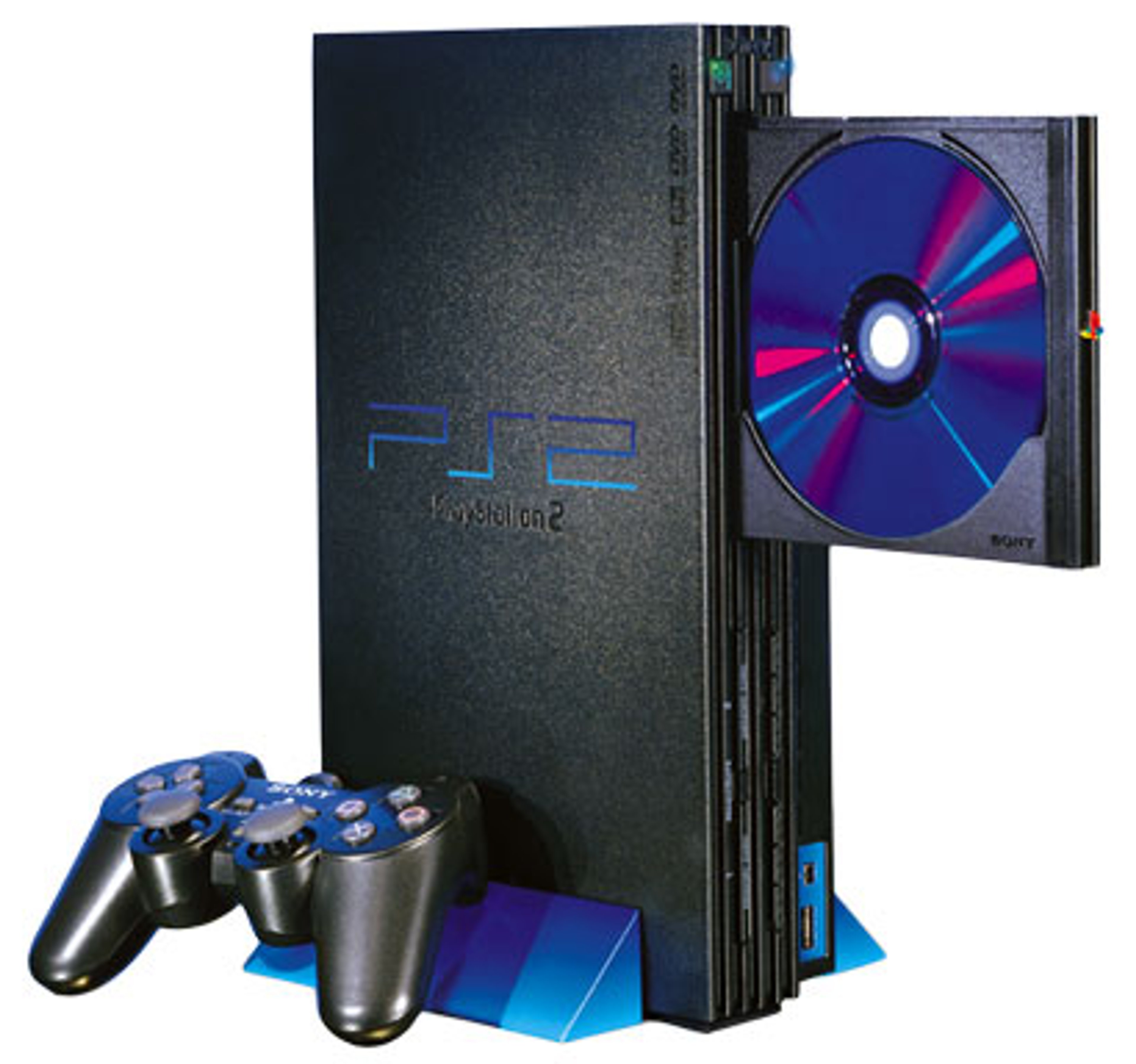 A PlayStation 2 game console with a DualShock 2 controller
