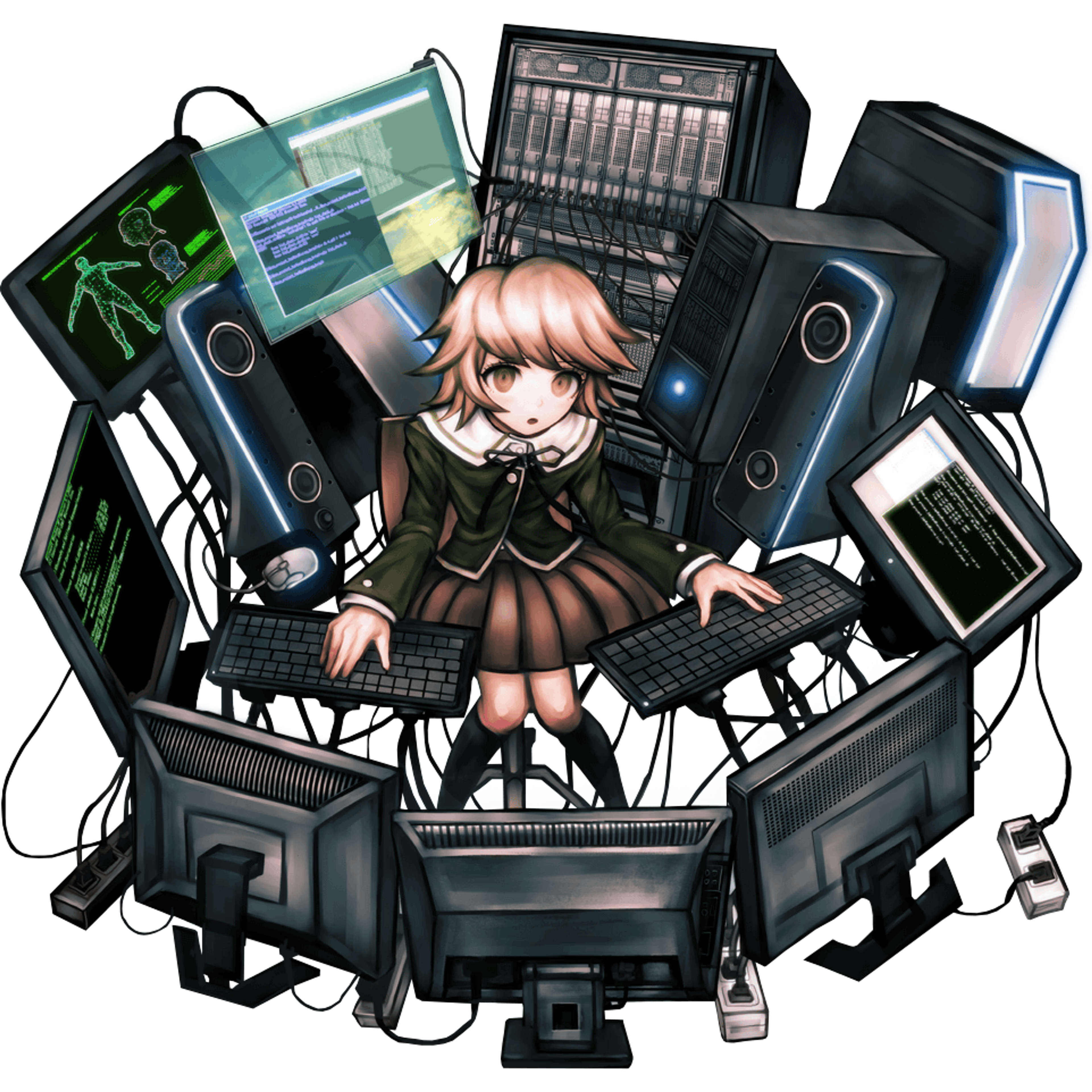 A young, shy-looking character sitting in a room full of computers and electronics