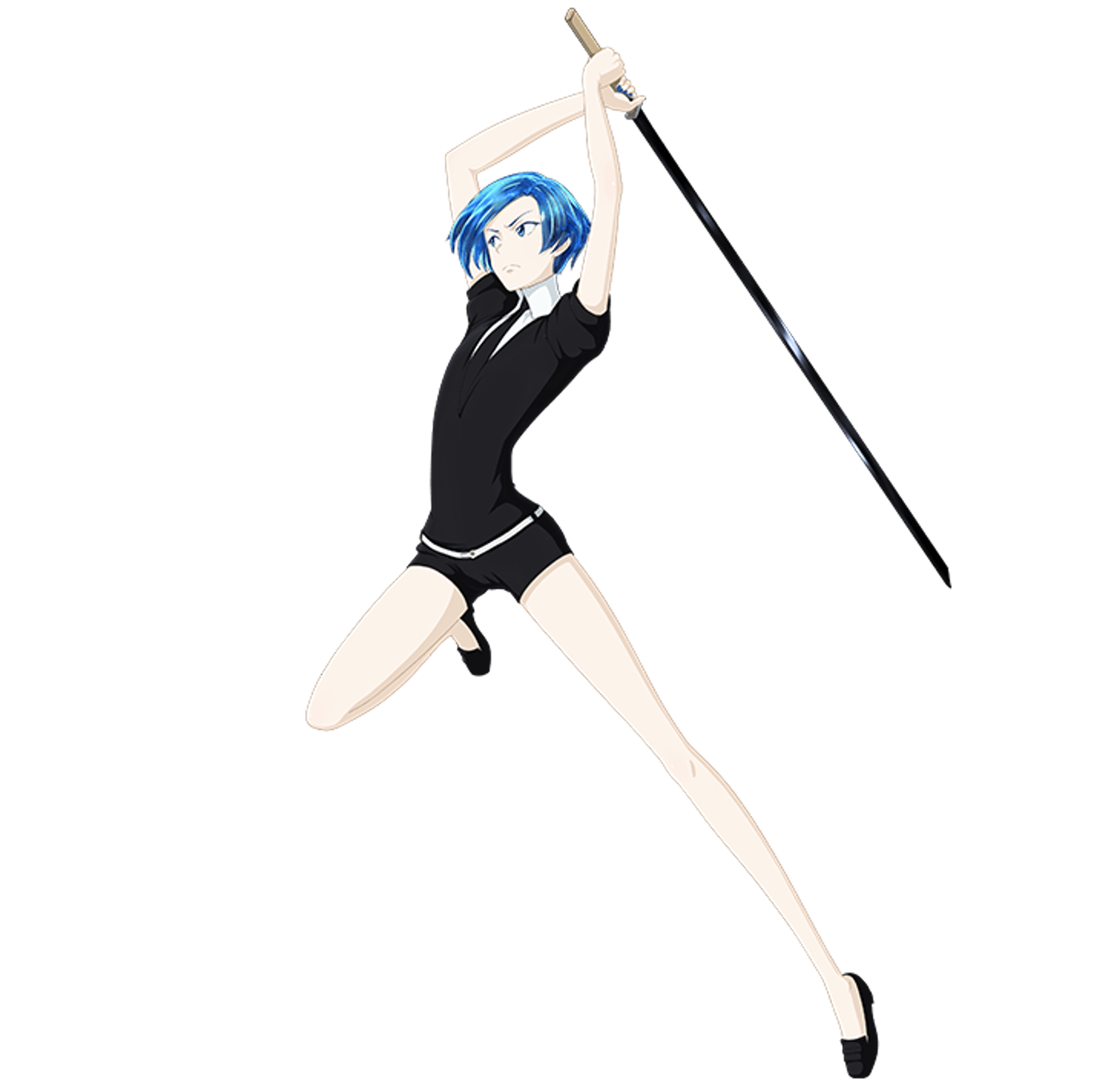 A blue-colored humanoid character in a dynamic pose, wearing a black outfit that exposes their midriff and legs.