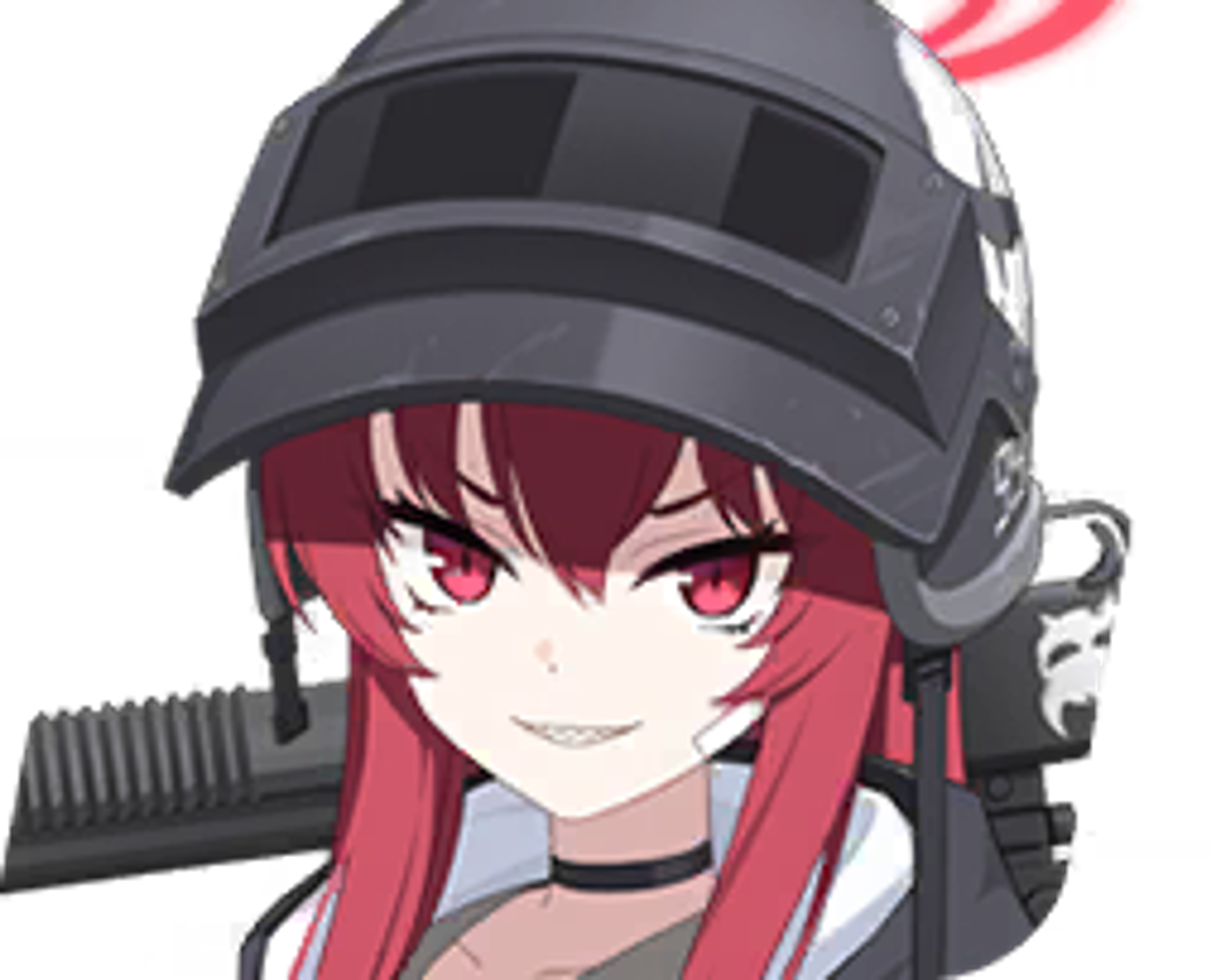 A young woman with red hair and sharp teeth wearing a black helmet and dark outfit