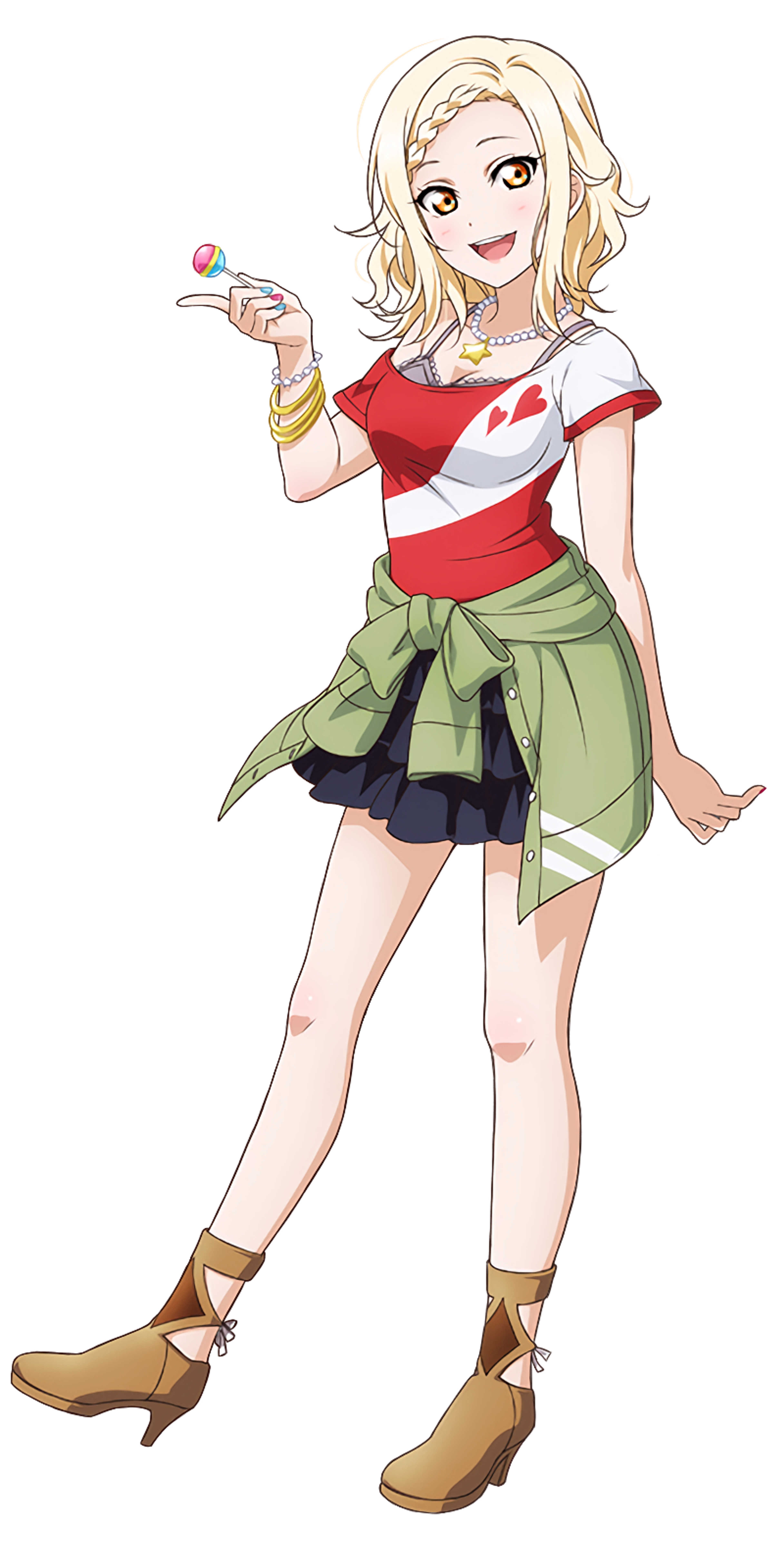 An anime-style character with blonde twin tails, wearing a red crop top and green skirt, posing with a lollipop.