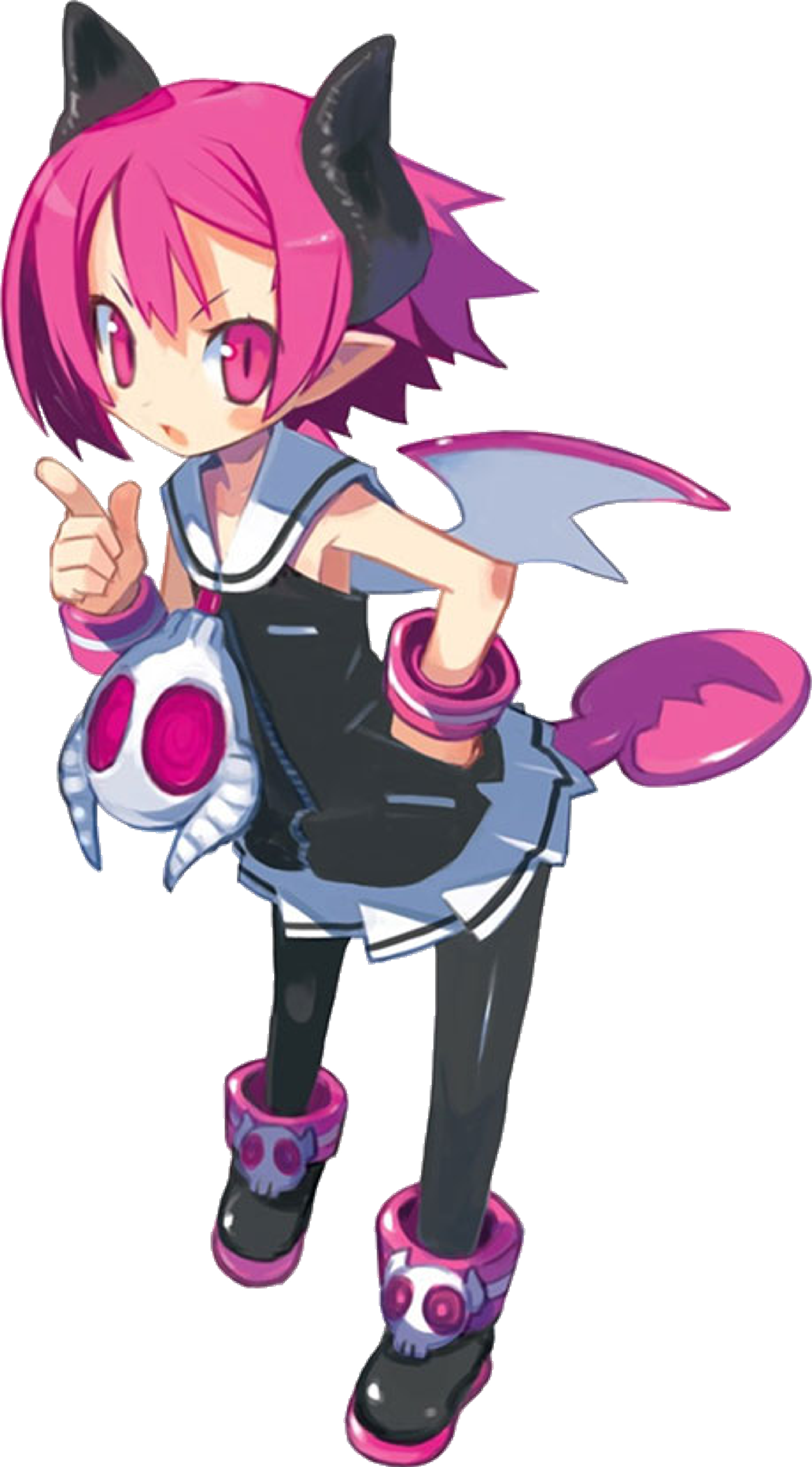 A pink-haired anime-style demon girl in a black and pink outfit holding a book