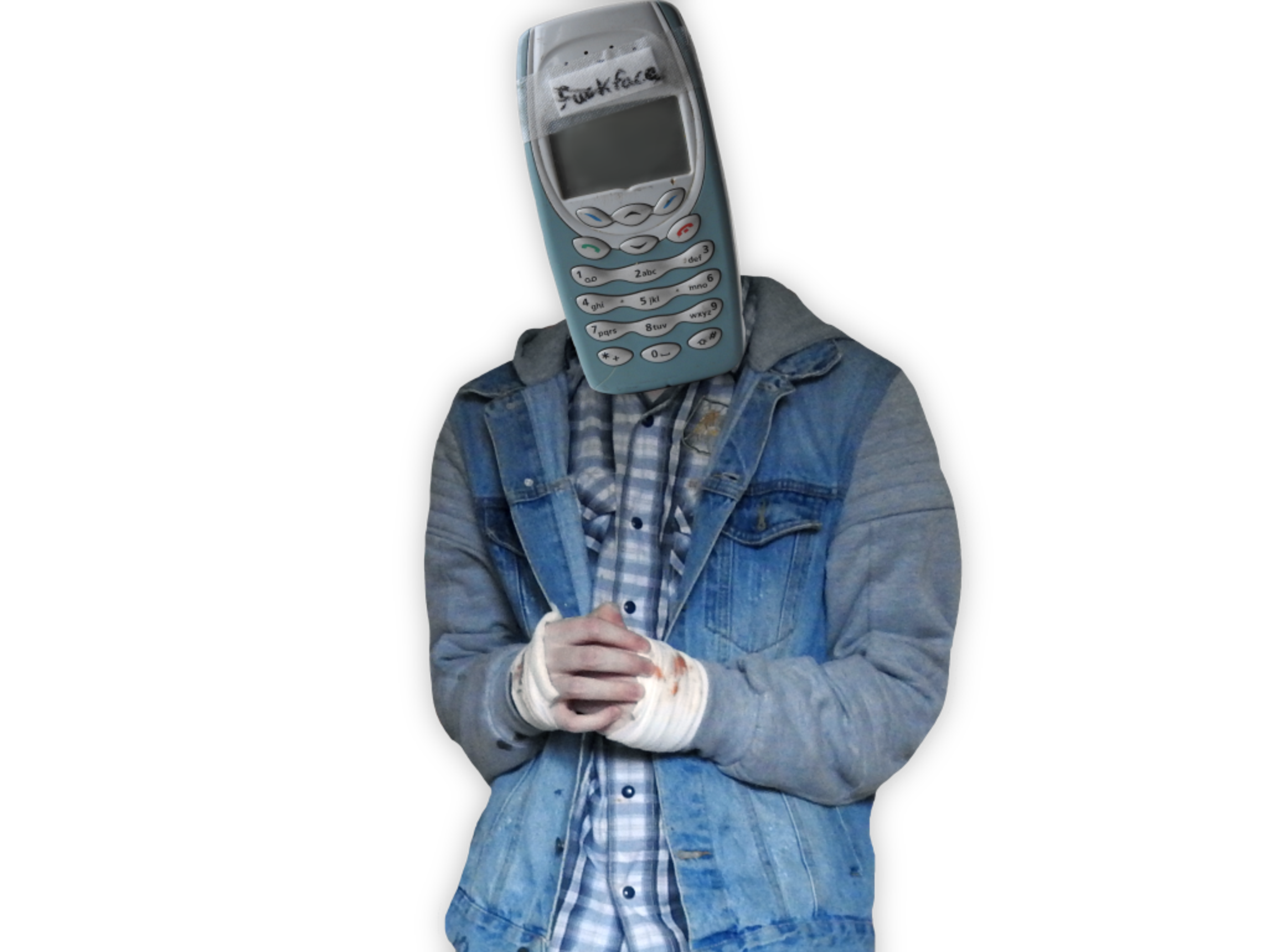 A young man with a Nokia 3410 phone for a head, wearing a denim jacket and jeans.