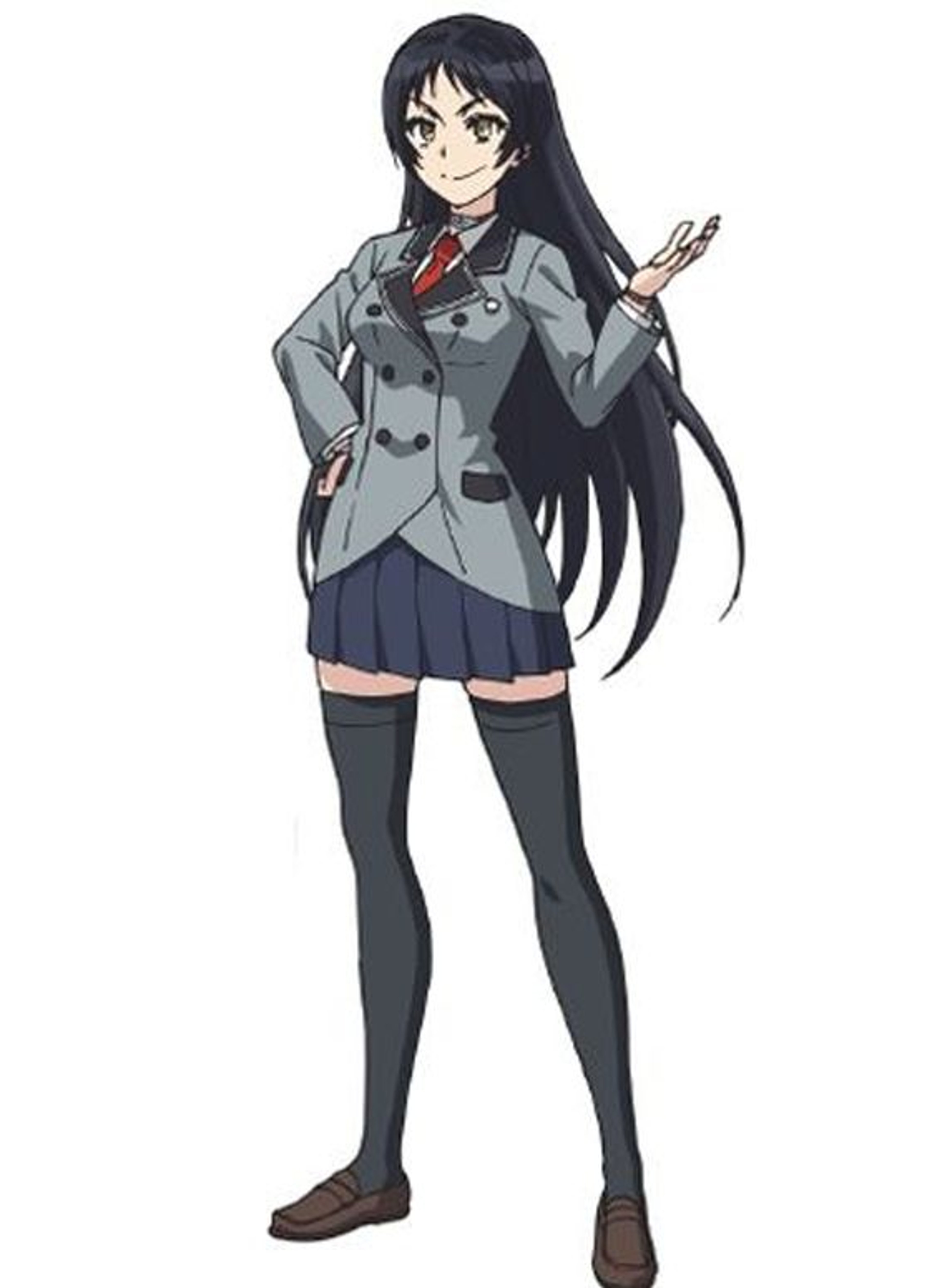 An anime-style character with long black hair wearing a school uniform and holding a weapon