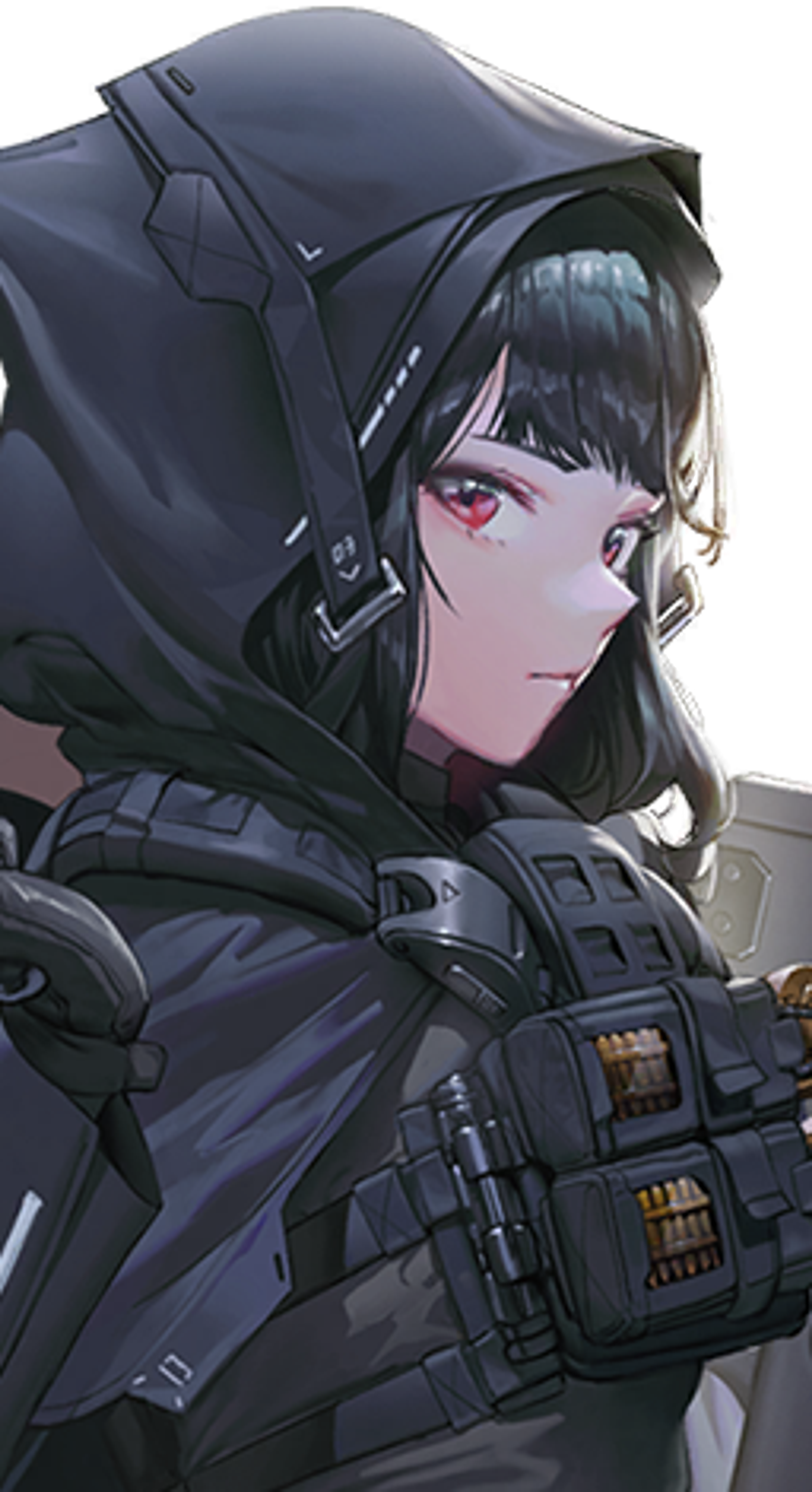 A female character in a black tactical outfit holding a submachine gun