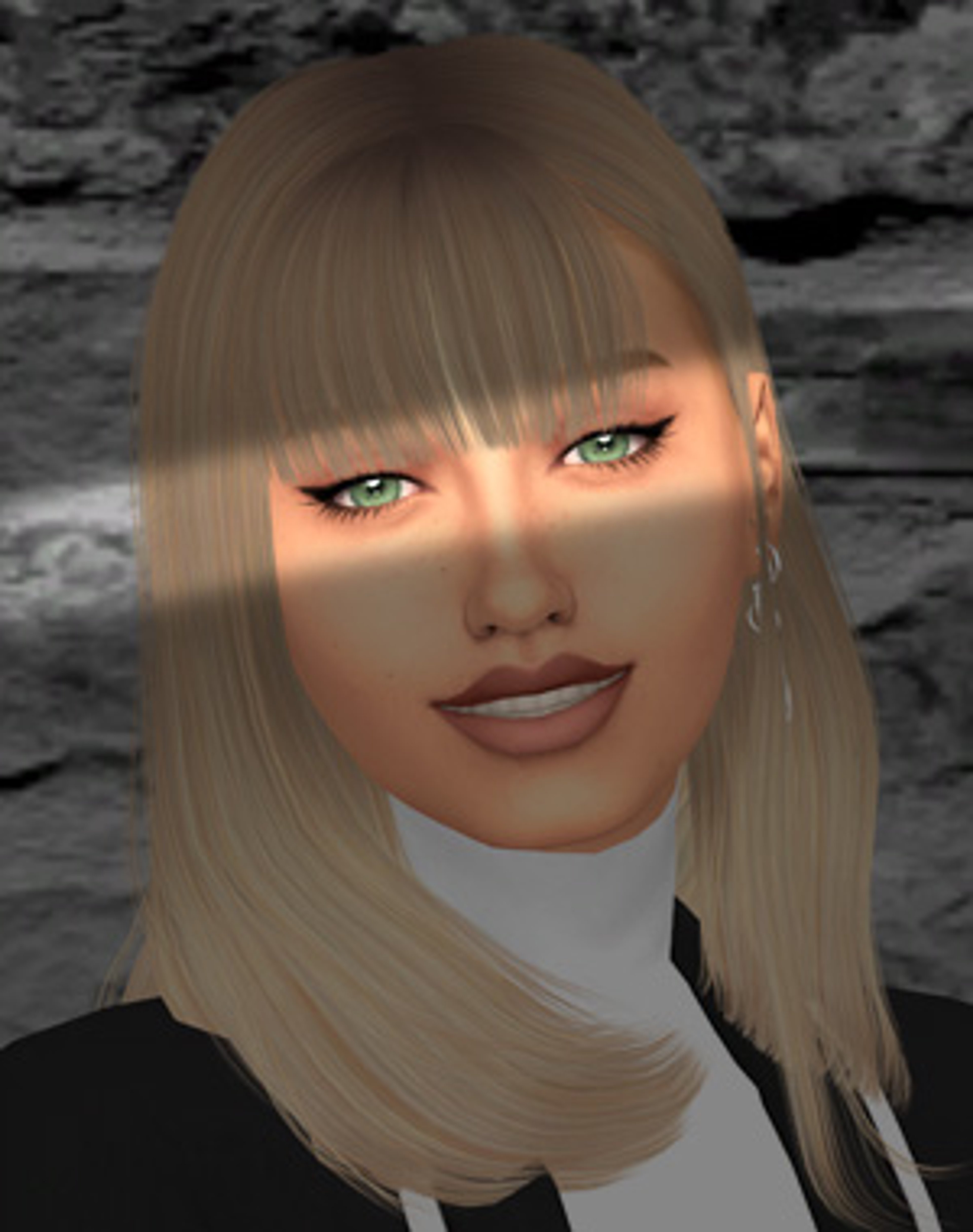 A young woman with blonde hair and green eyes wearing a black turtleneck sweater.