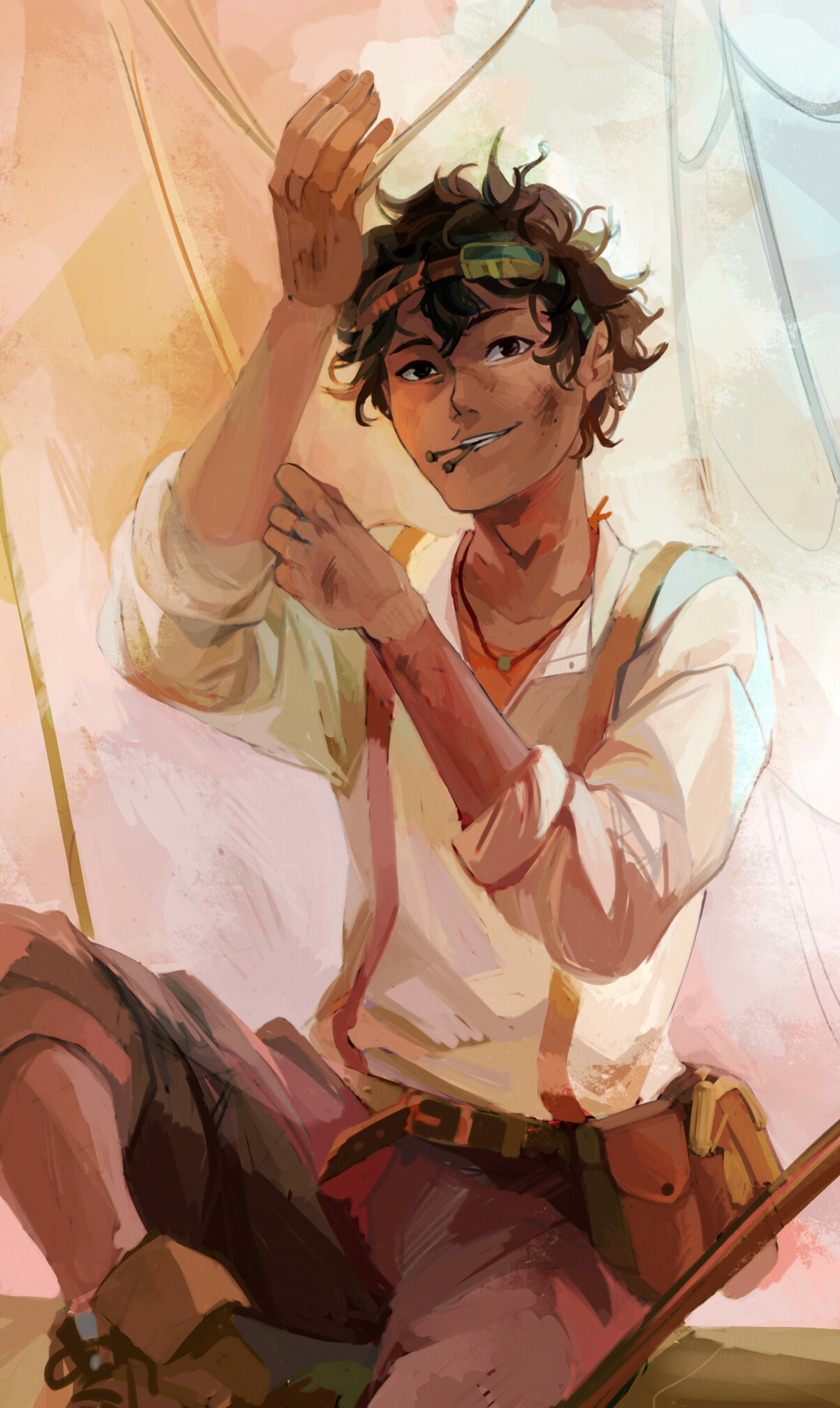 A young man with curly brown hair and a mischievous expression, wearing a white shirt and brown pants.