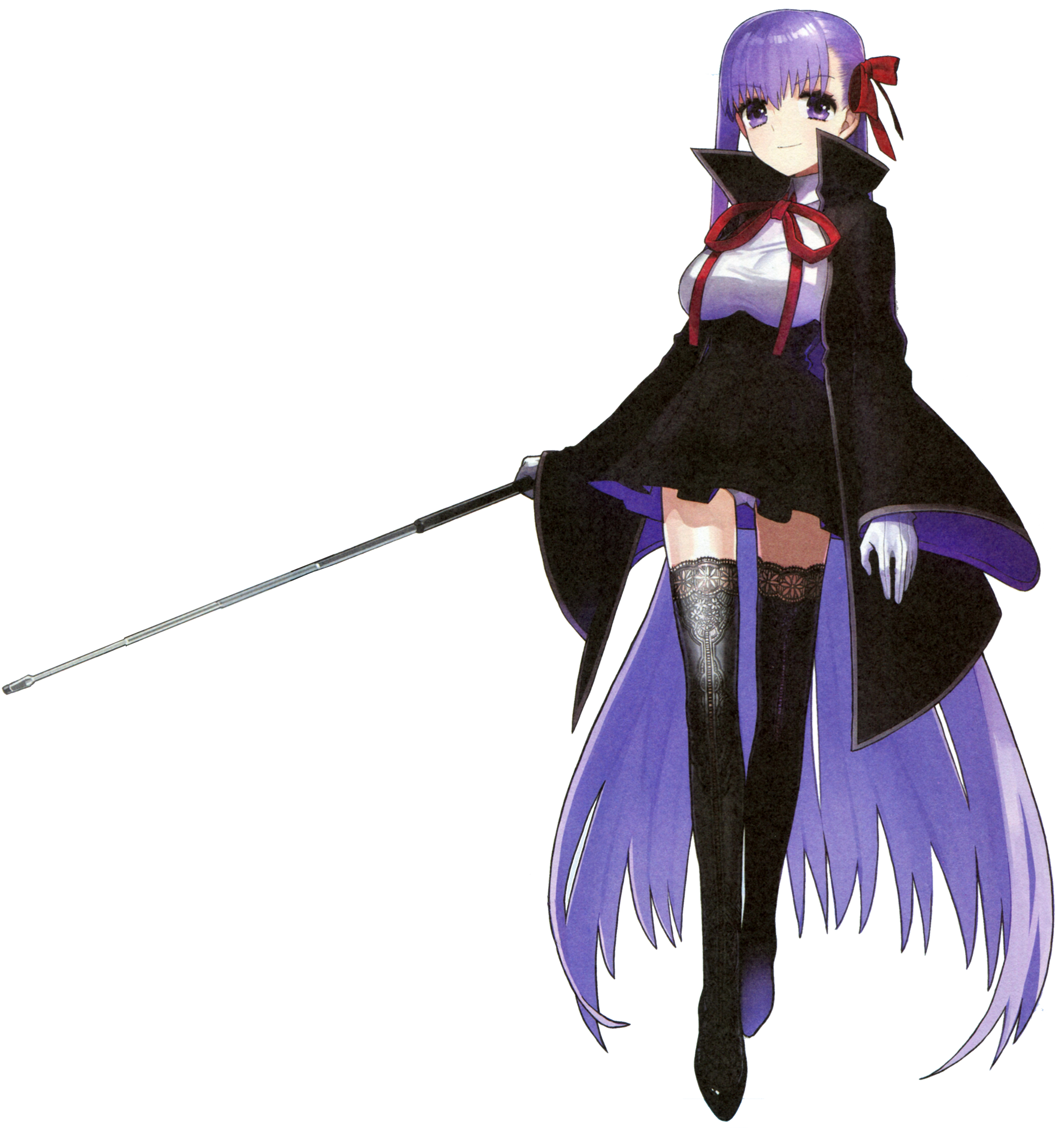 An anime-style character with purple hair and red eyes, wearing a black dress and holding a large sword.