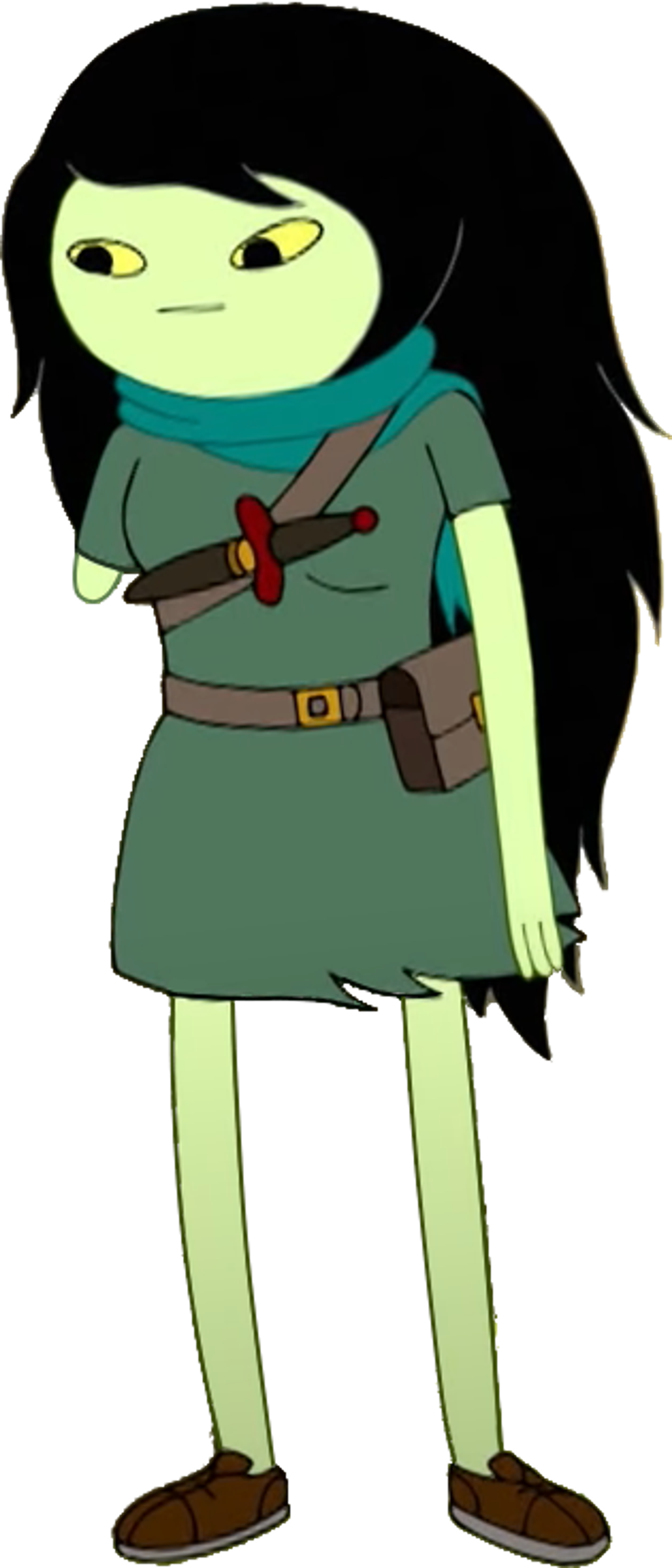 An anime-style character with long black hair, large eyes, and a green outfit with a red sash.