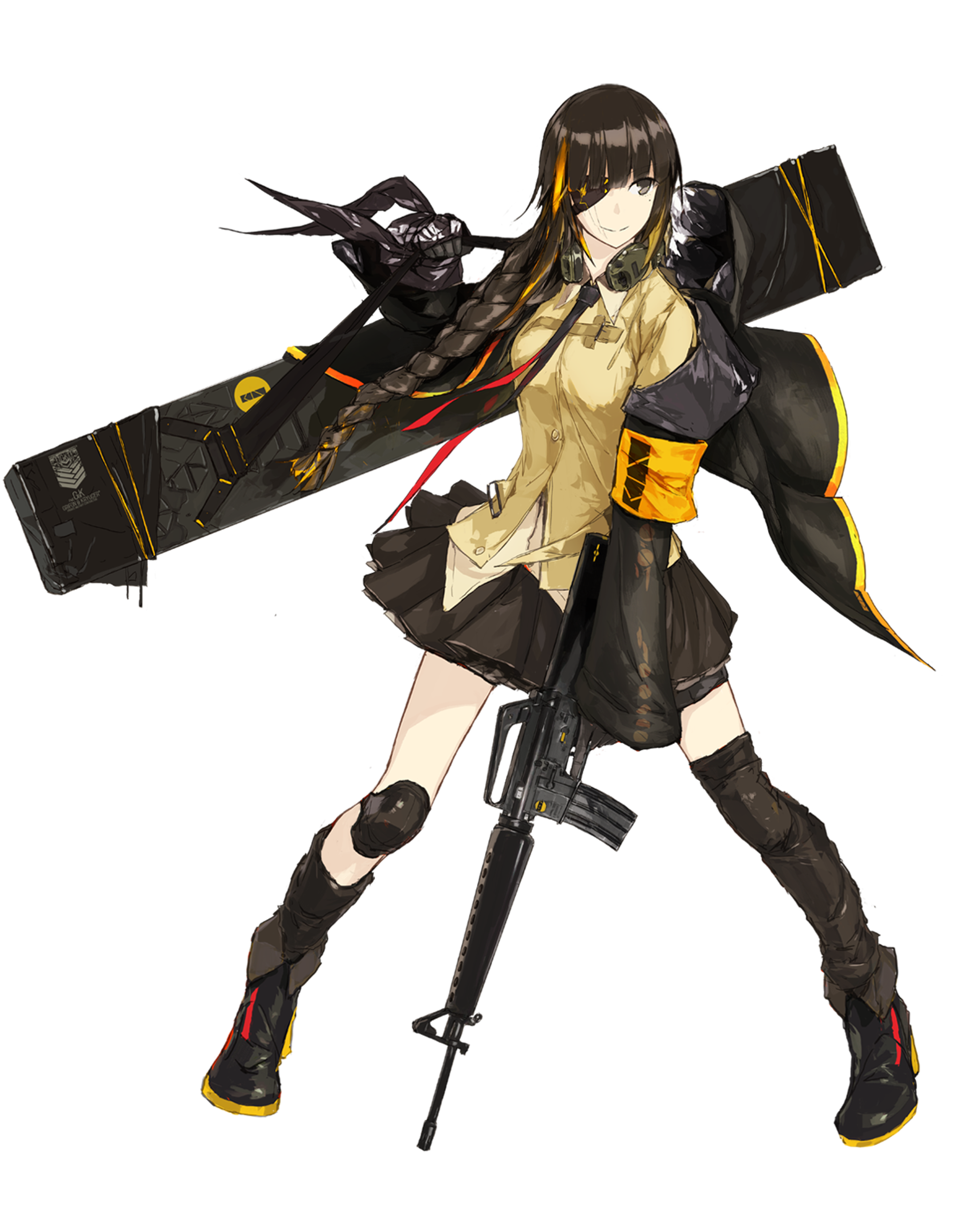 A female military character with a stern expression and combat gear
