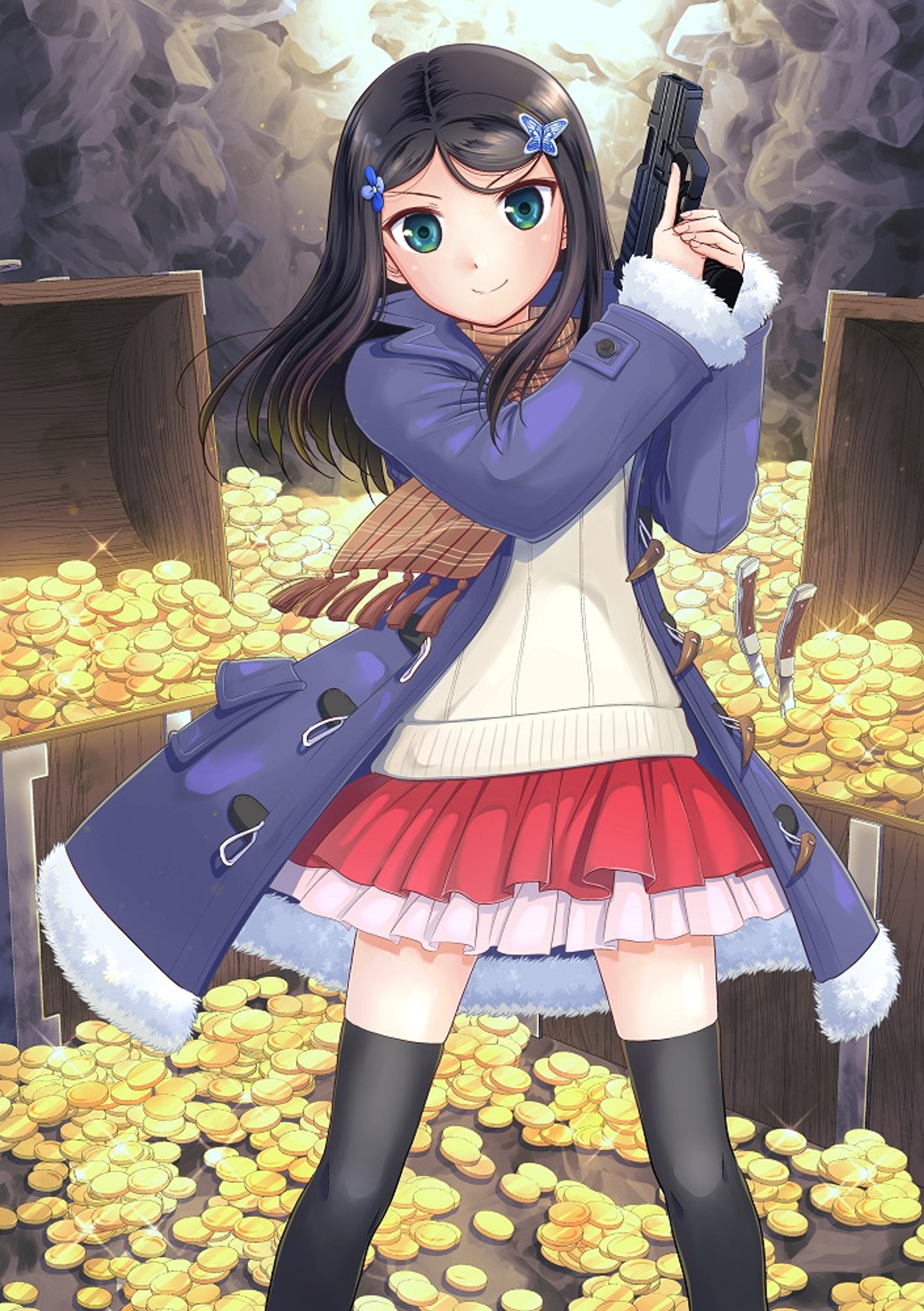 A young woman in a purple coat and red skirt standing in a room full of gold coins, holding a gun.