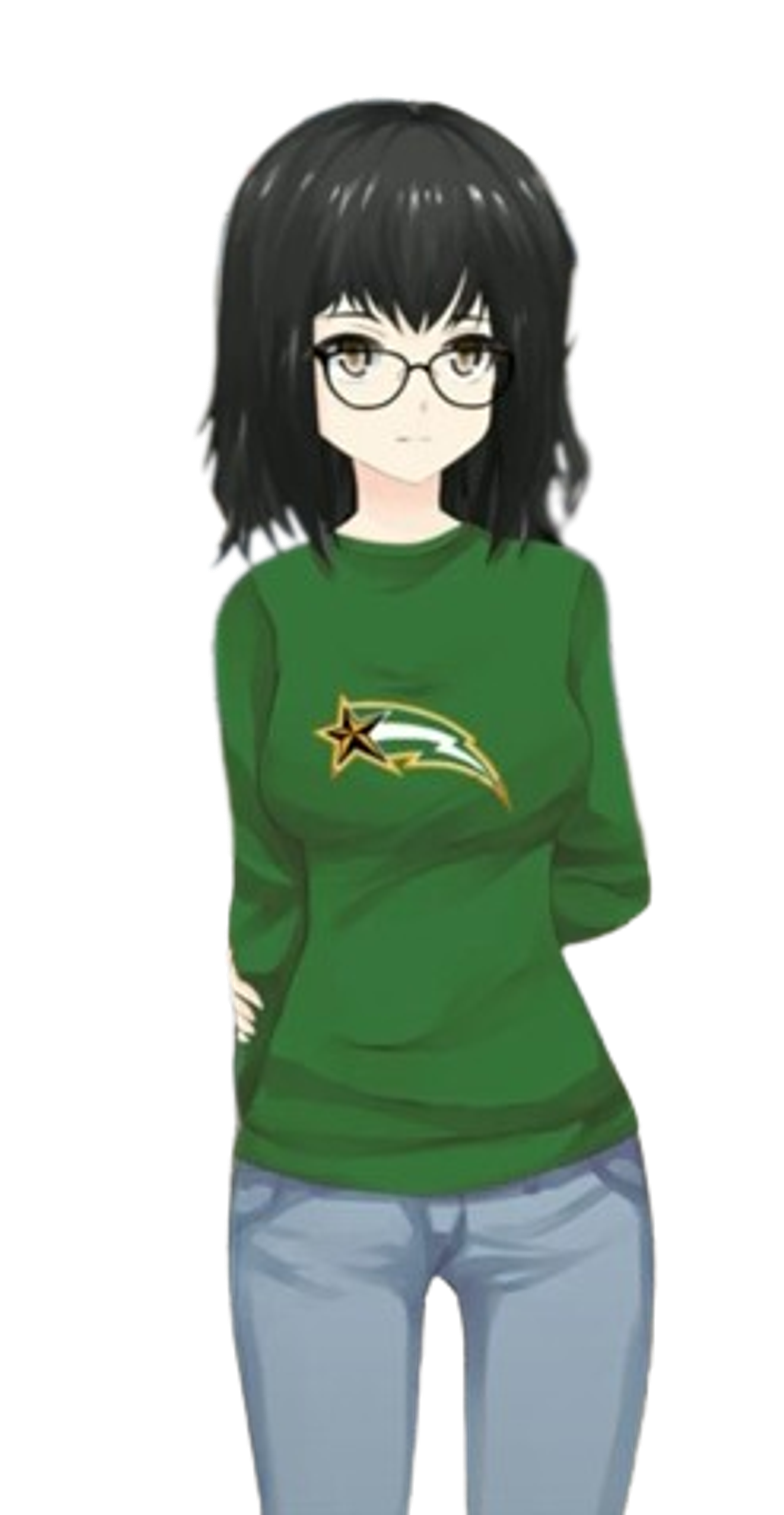 An anime-style character of a teenage girl with short black hair and glasses, wearing a green shirt with a star logo.