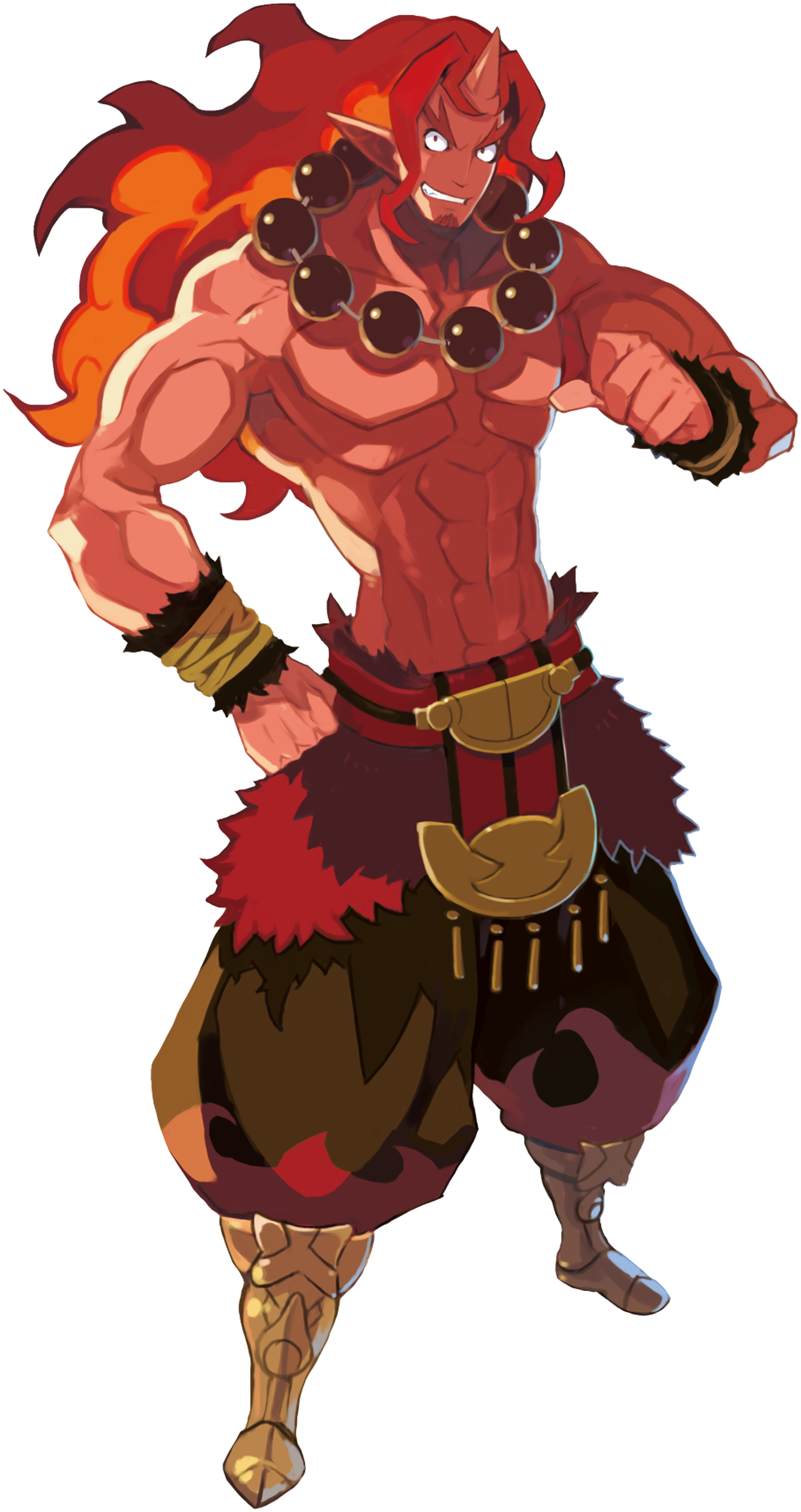 A powerful, muscular demon overlord with fiery red hair and tribal-style clothing