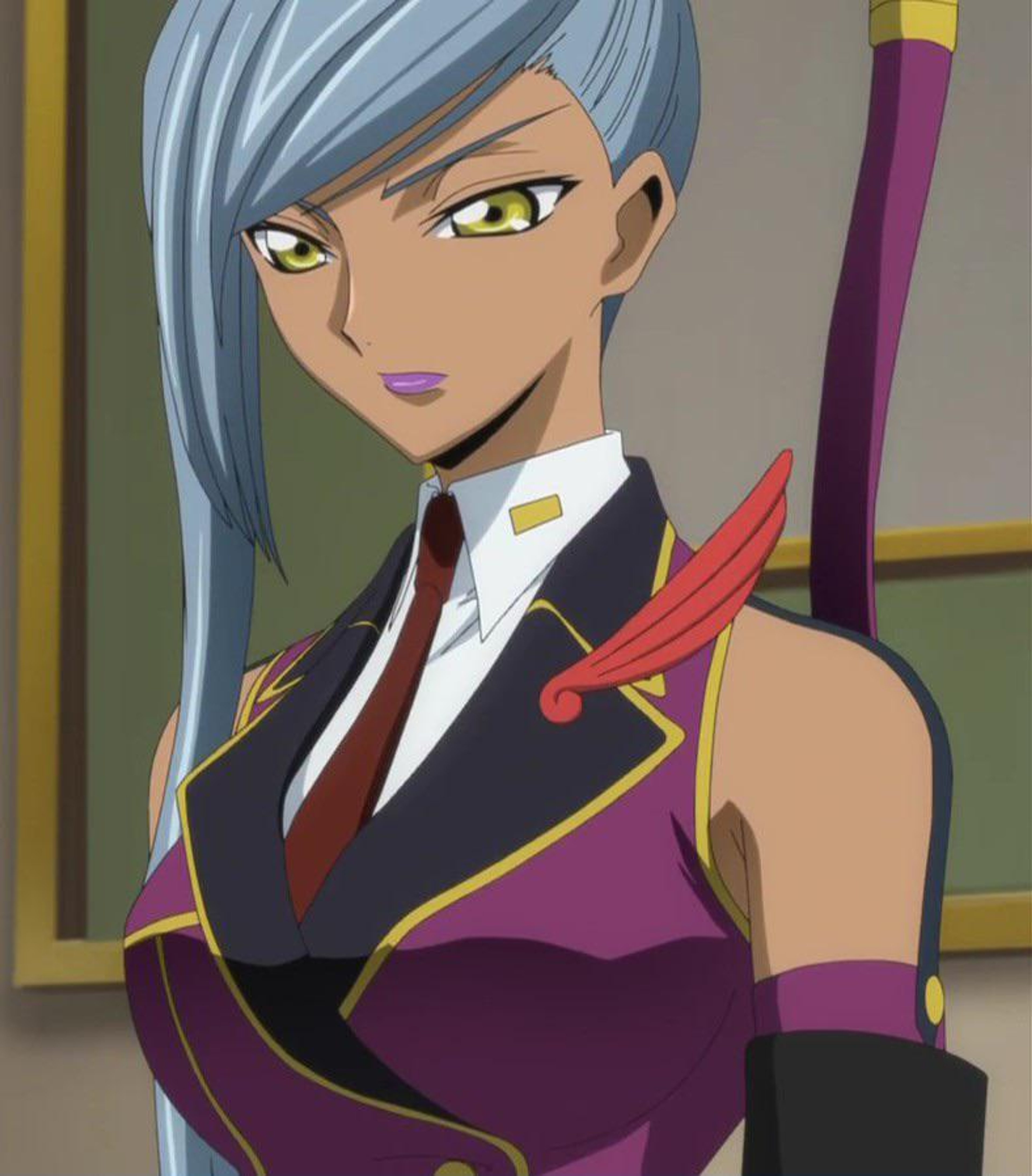 A woman in a Britannian military uniform with steel-blue hair and dark skin