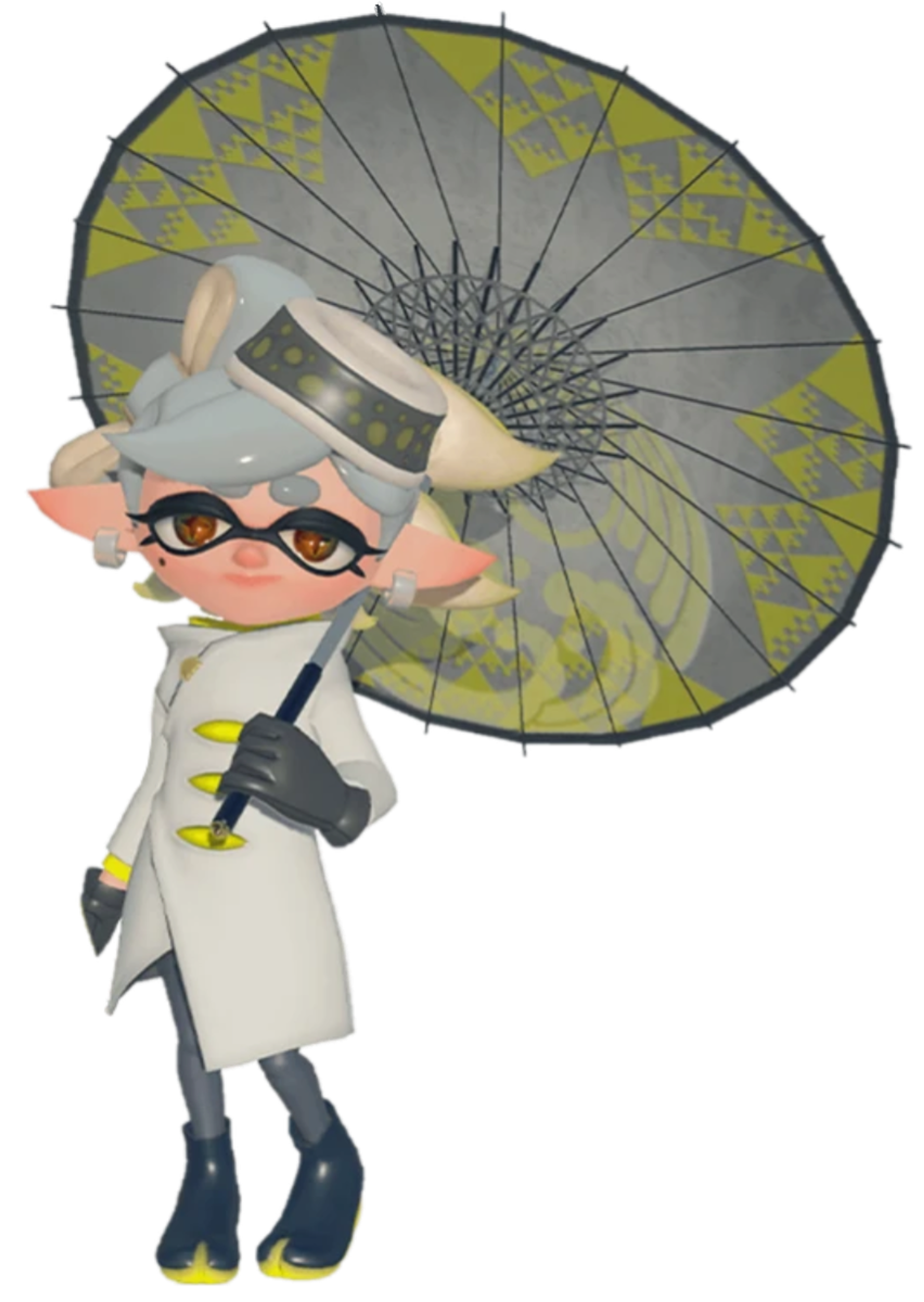 An anthropomorphic female Inkling character from the Splatoon video game series, holding a parasol and wearing a black and white outfit.