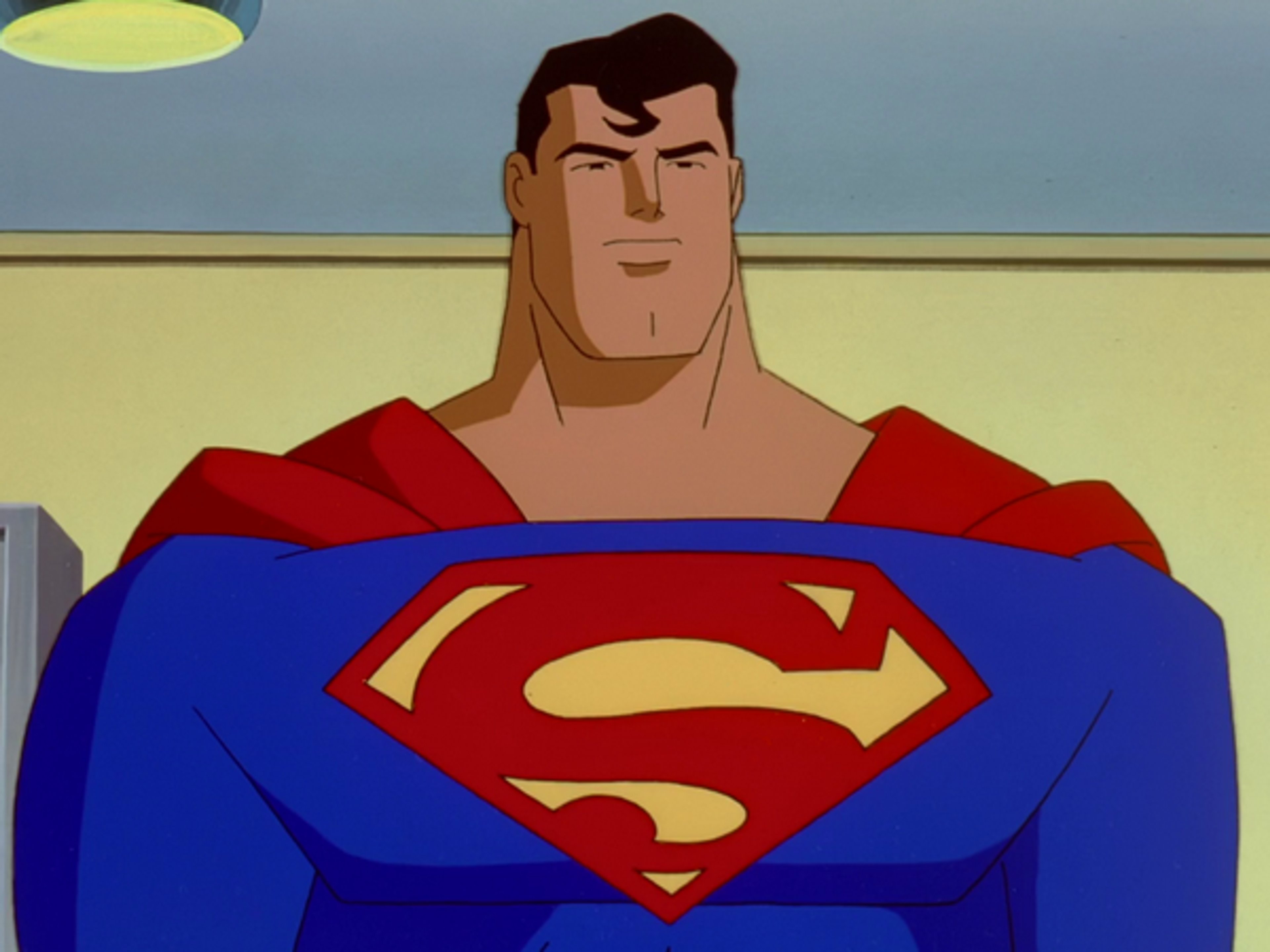 A muscular, heroic-looking male character in a blue and red superhero costume with the 'S' symbol on his chest