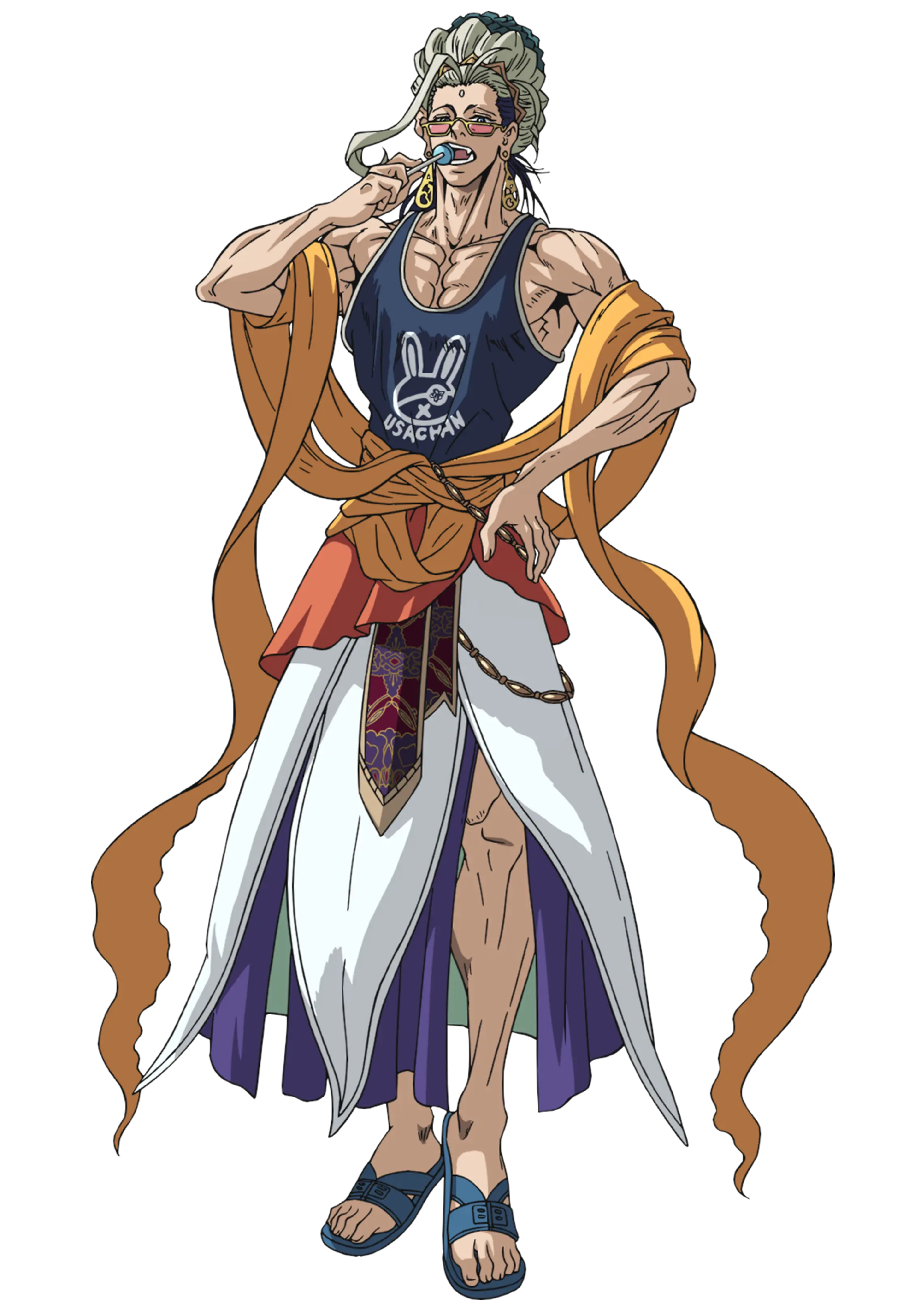 Buddha from Record of Ragnarok, a muscular man with seafoam green hair and divine features