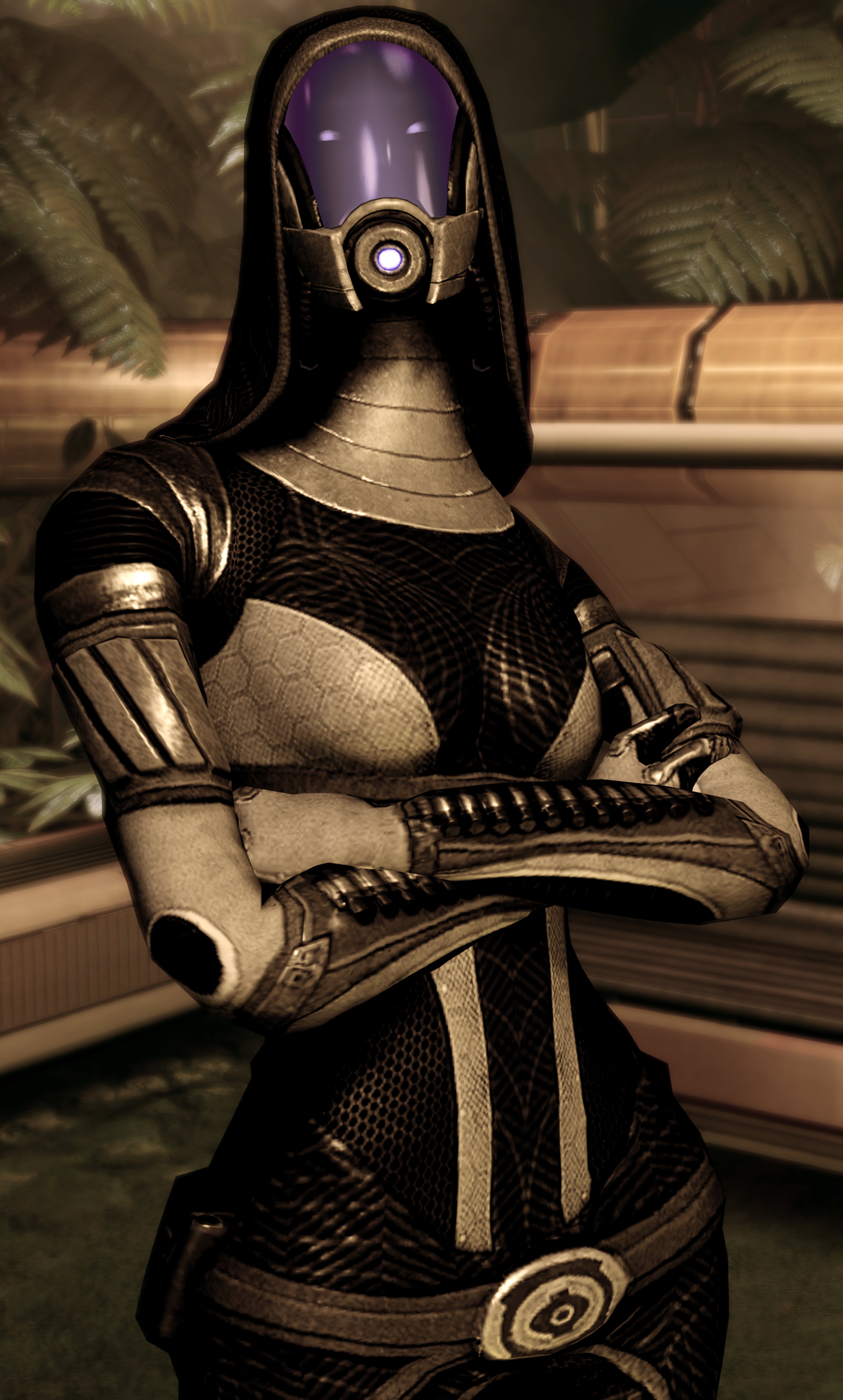 A quarian female character in a black and purple environmental suit with a distinctive mask and glowing eye