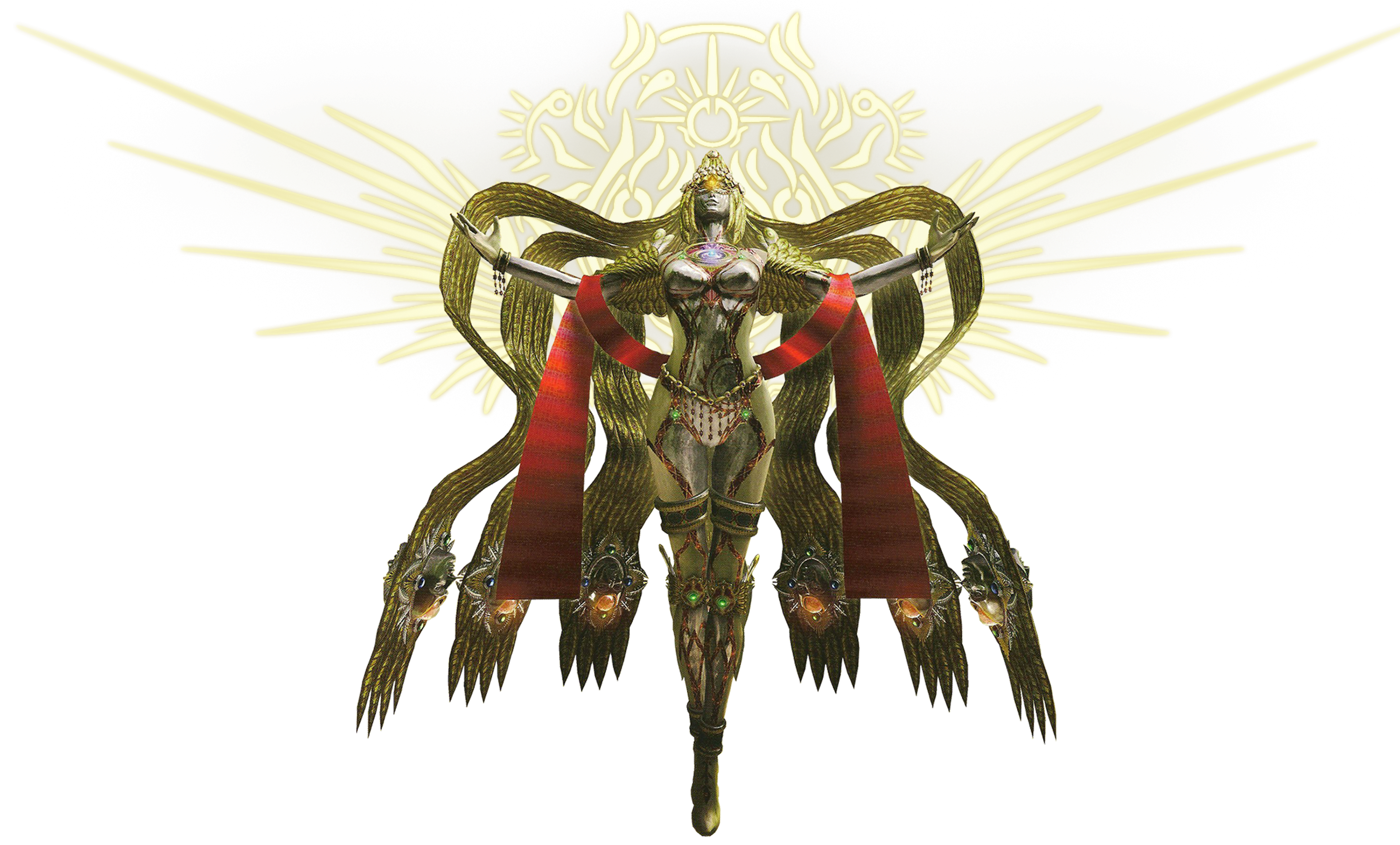 A powerful, divine female figure with golden hair and ornate headdress