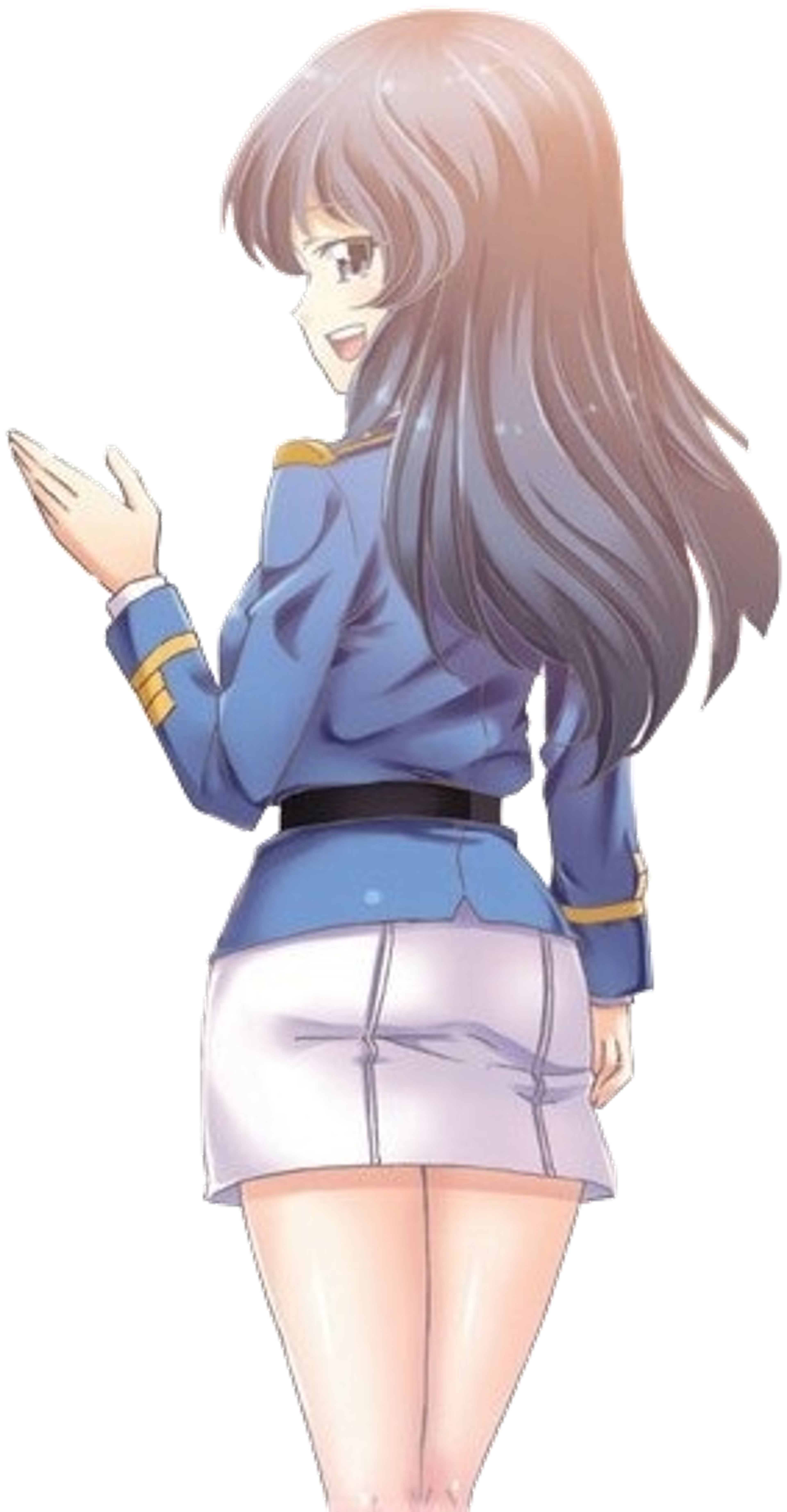A young woman with long dark hair and blue highlights wearing a school uniform and standing in a confident pose.