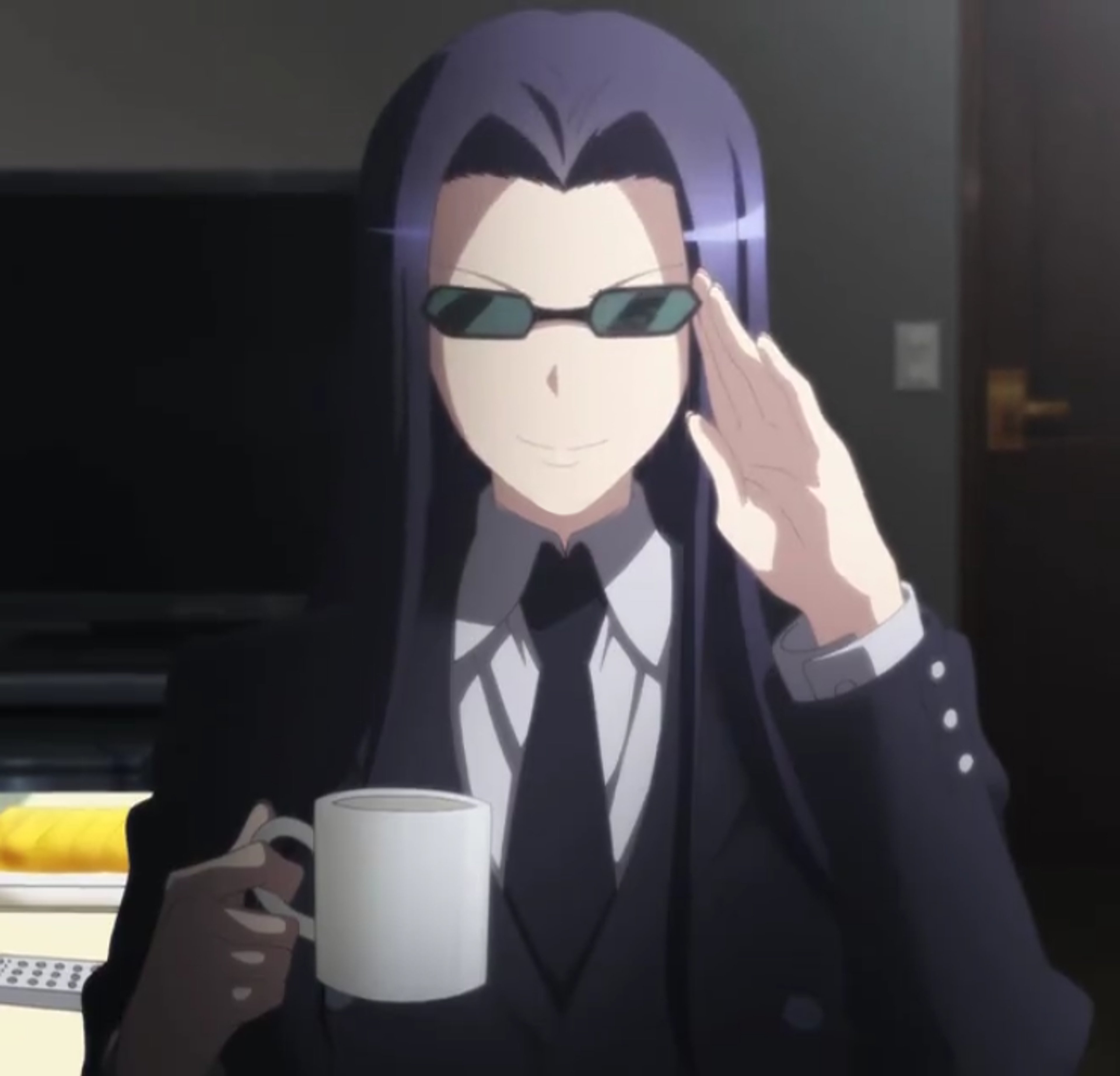 An anime-style character in a black suit holding a coffee mug