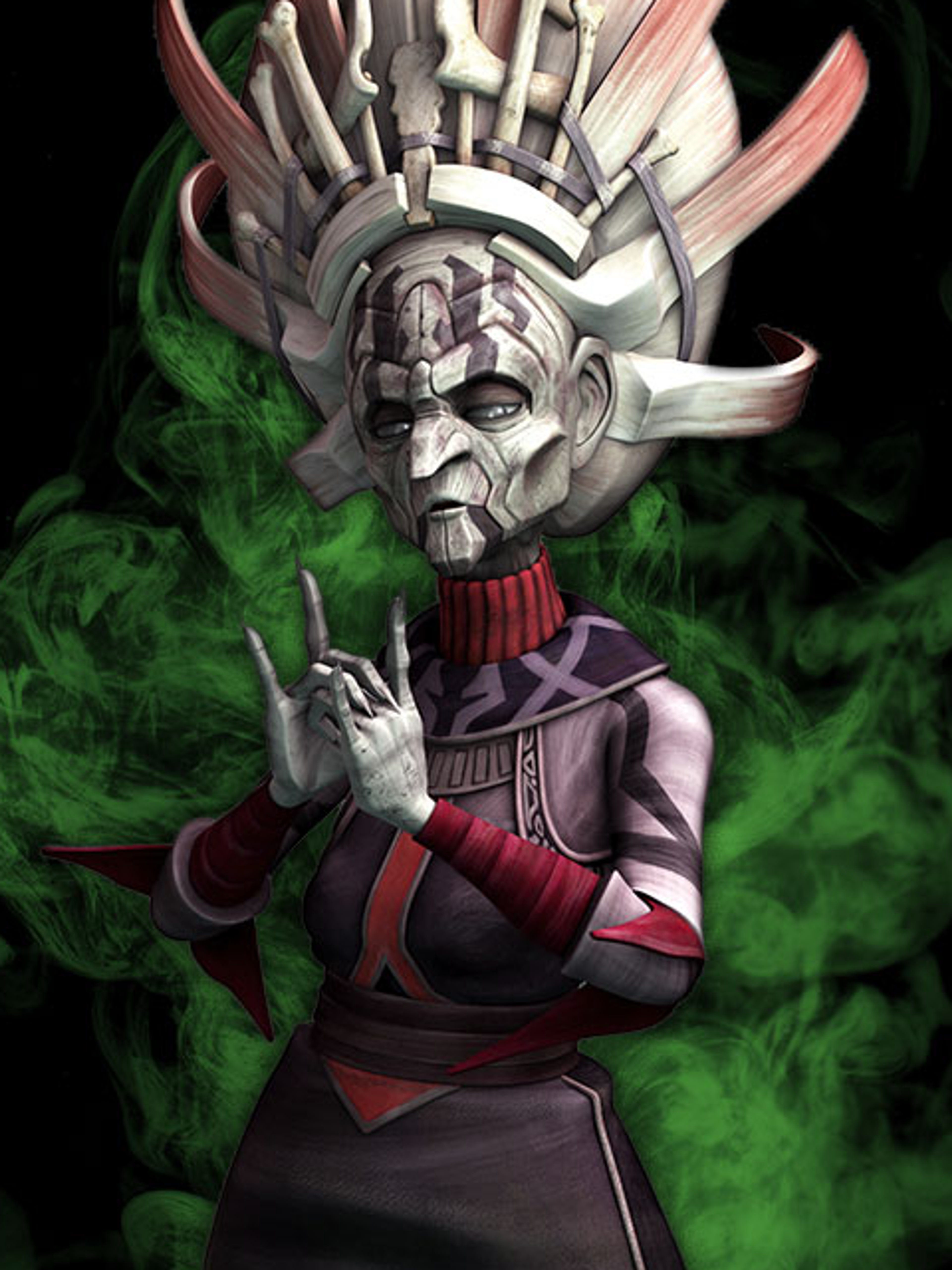 An elderly, wizened humanoid figure with an ornate headdress and clothing, surrounded by green energy.