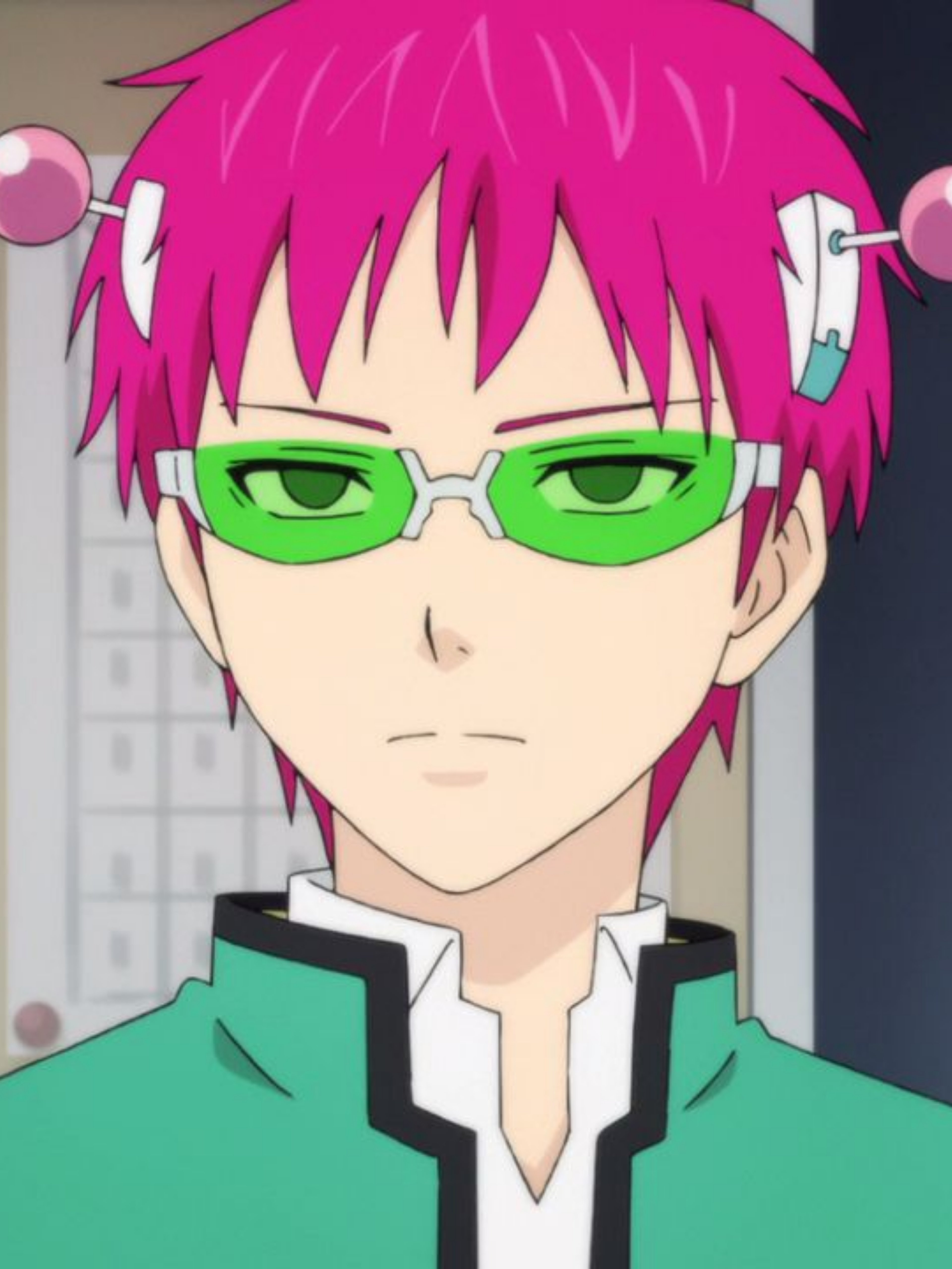 An anime character with pink hair and green eyes wearing a green uniform