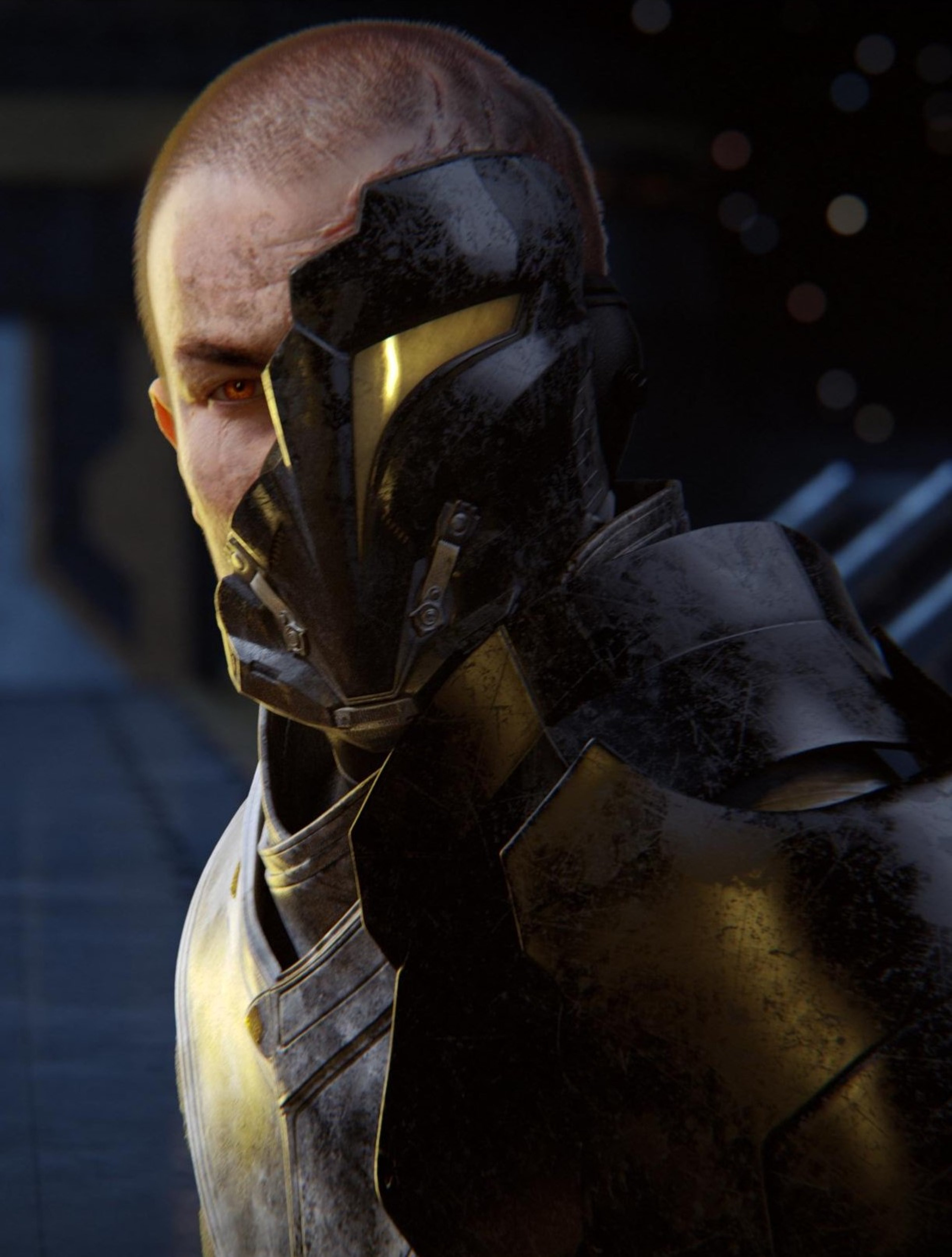 A heavily scarred, armored character wielding a lightsaber