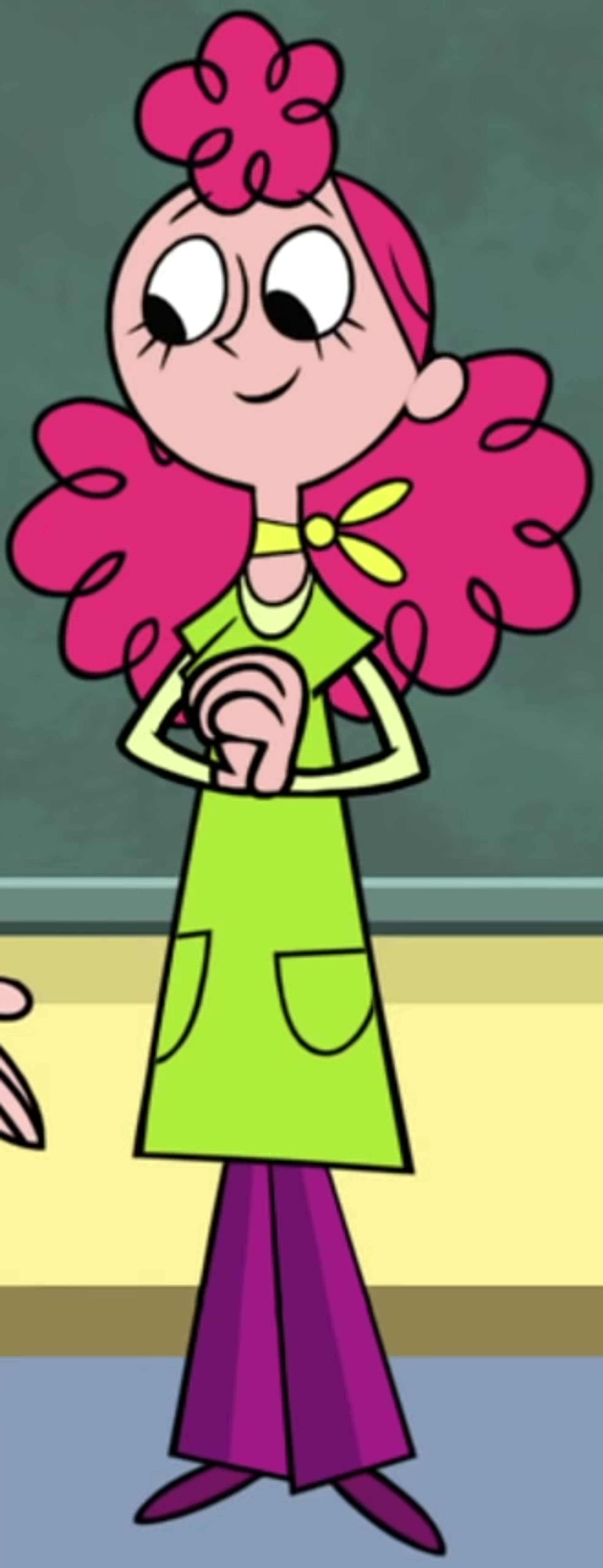 A cartoon character of a female teacher with pink hair and a colorful outfit, standing in a classroom setting.