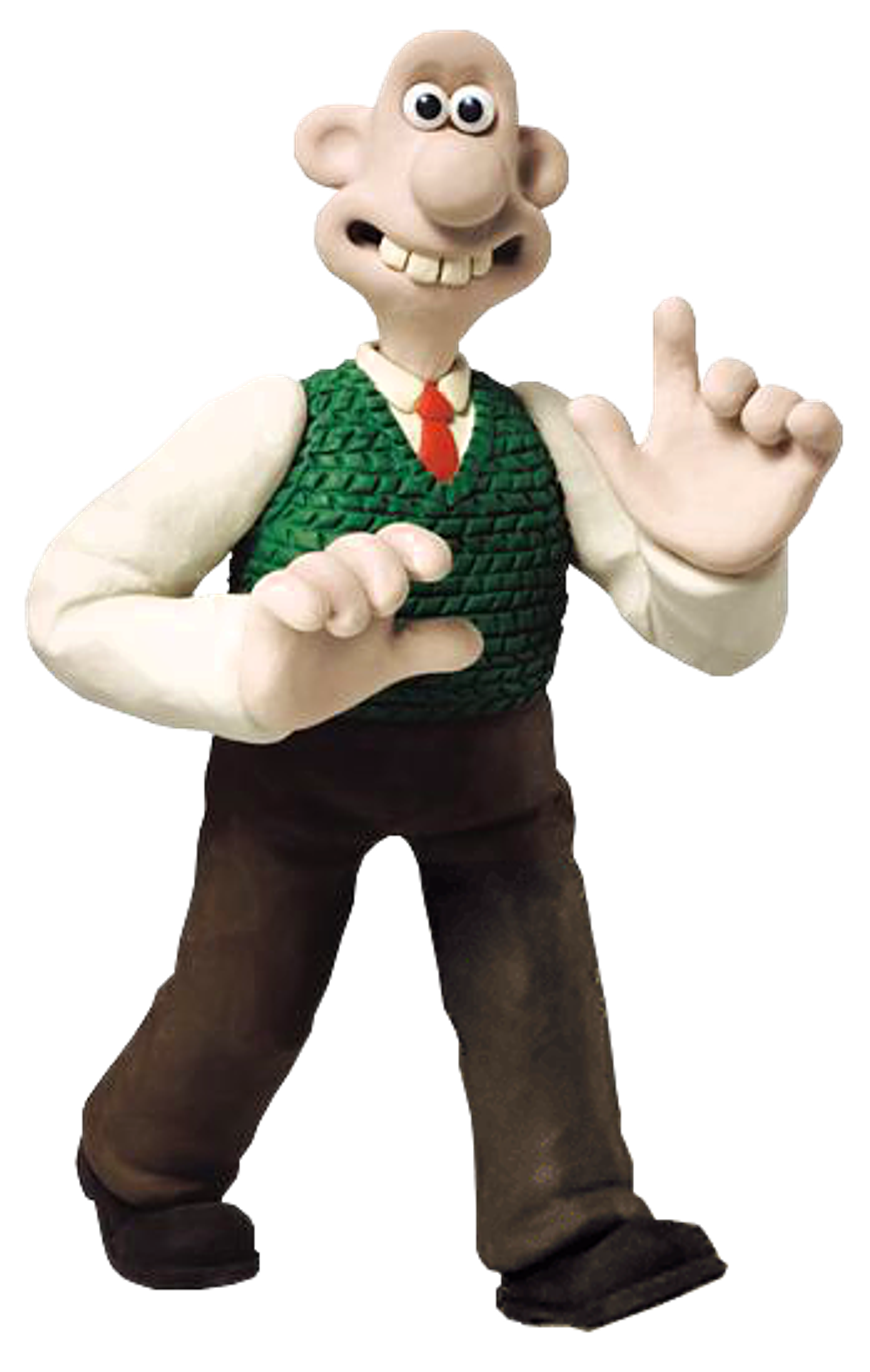 A cartoon character of an older, eccentric-looking man with a large grin, wearing a green sweater vest, red tie, and brown pants.