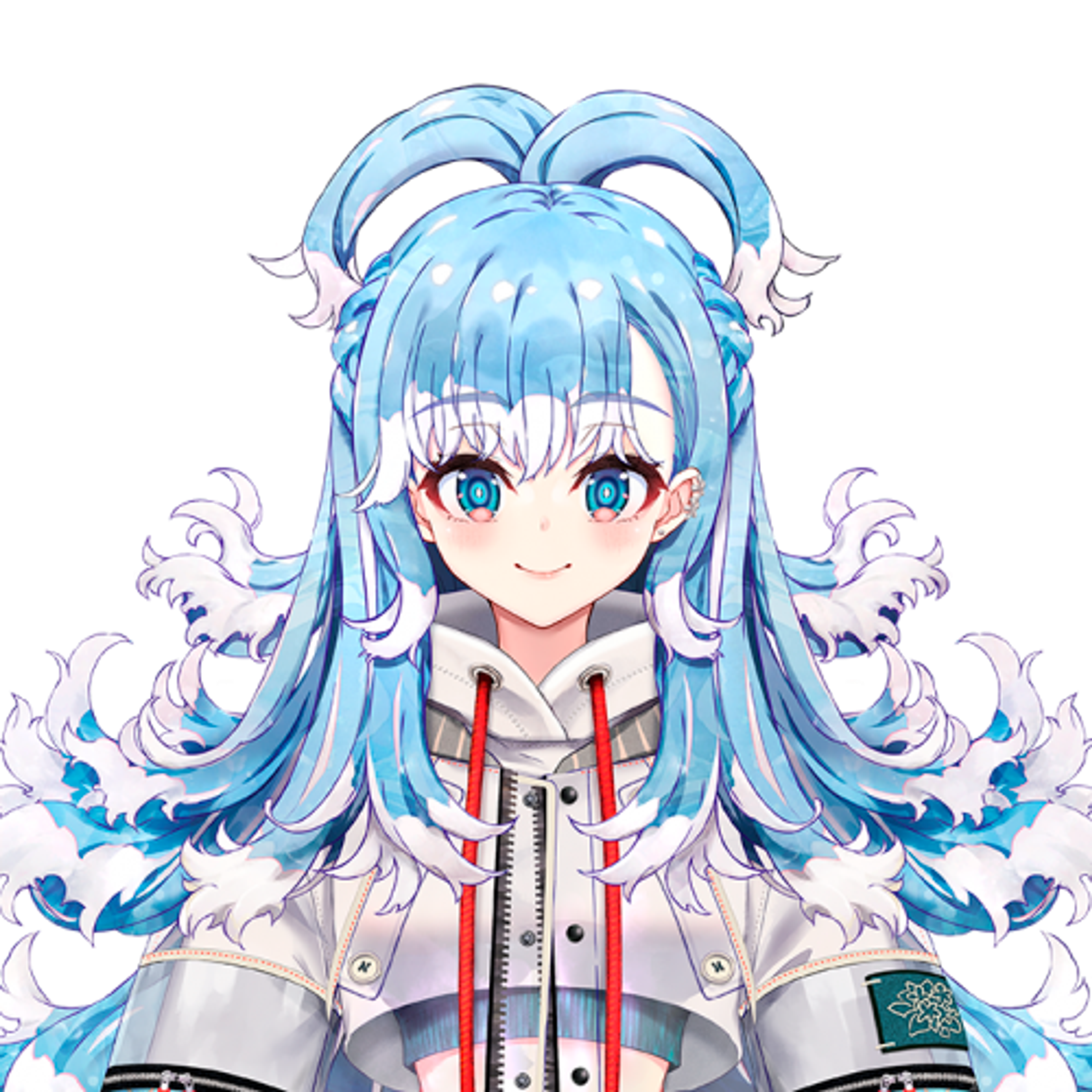 An anime-style character with blue hair in twin pigtails, wearing a light-colored outfit with a high collar and decorative elements.