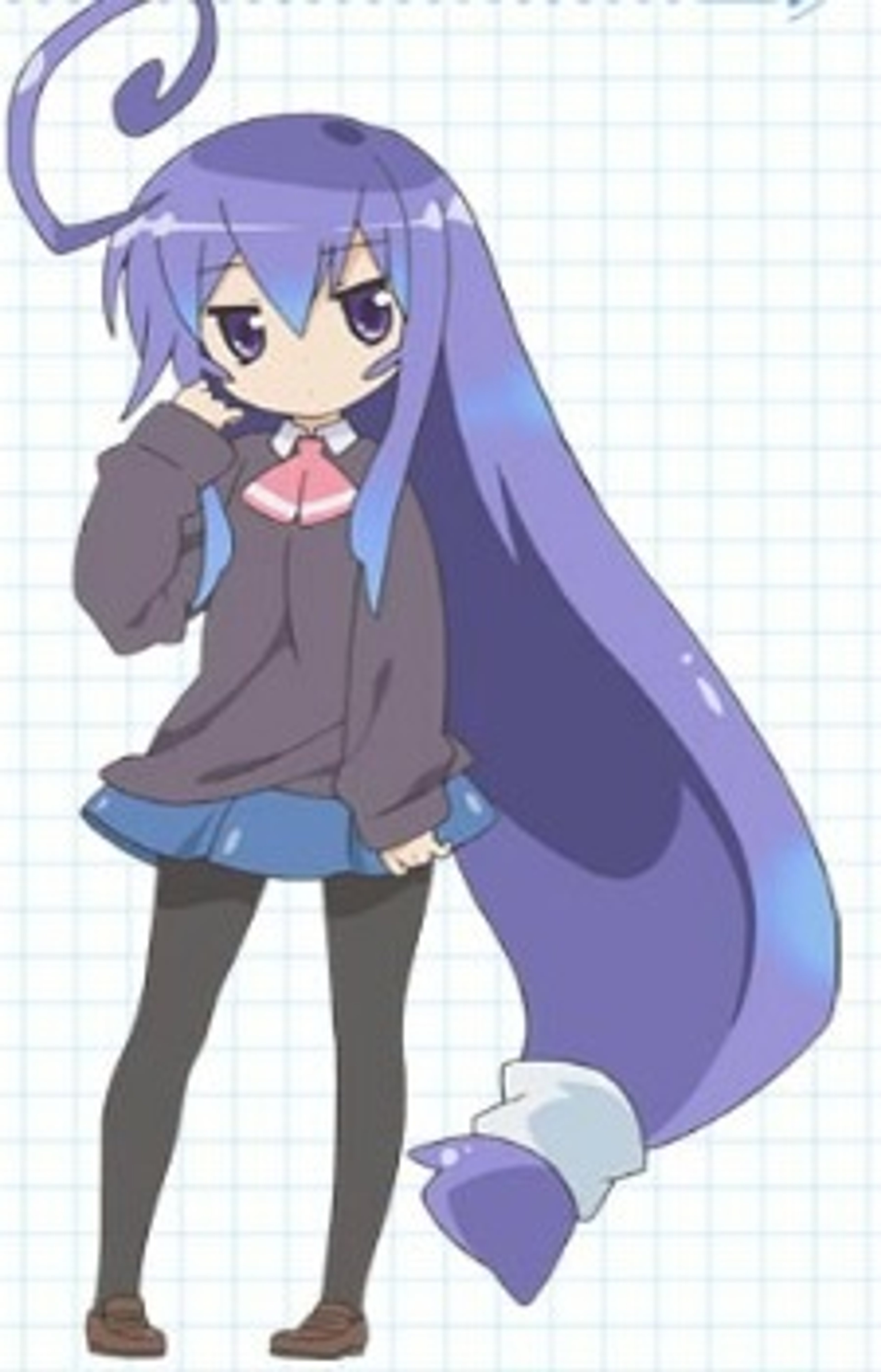 A young anime-style character with purple hair, cat-like features, and a school uniform
