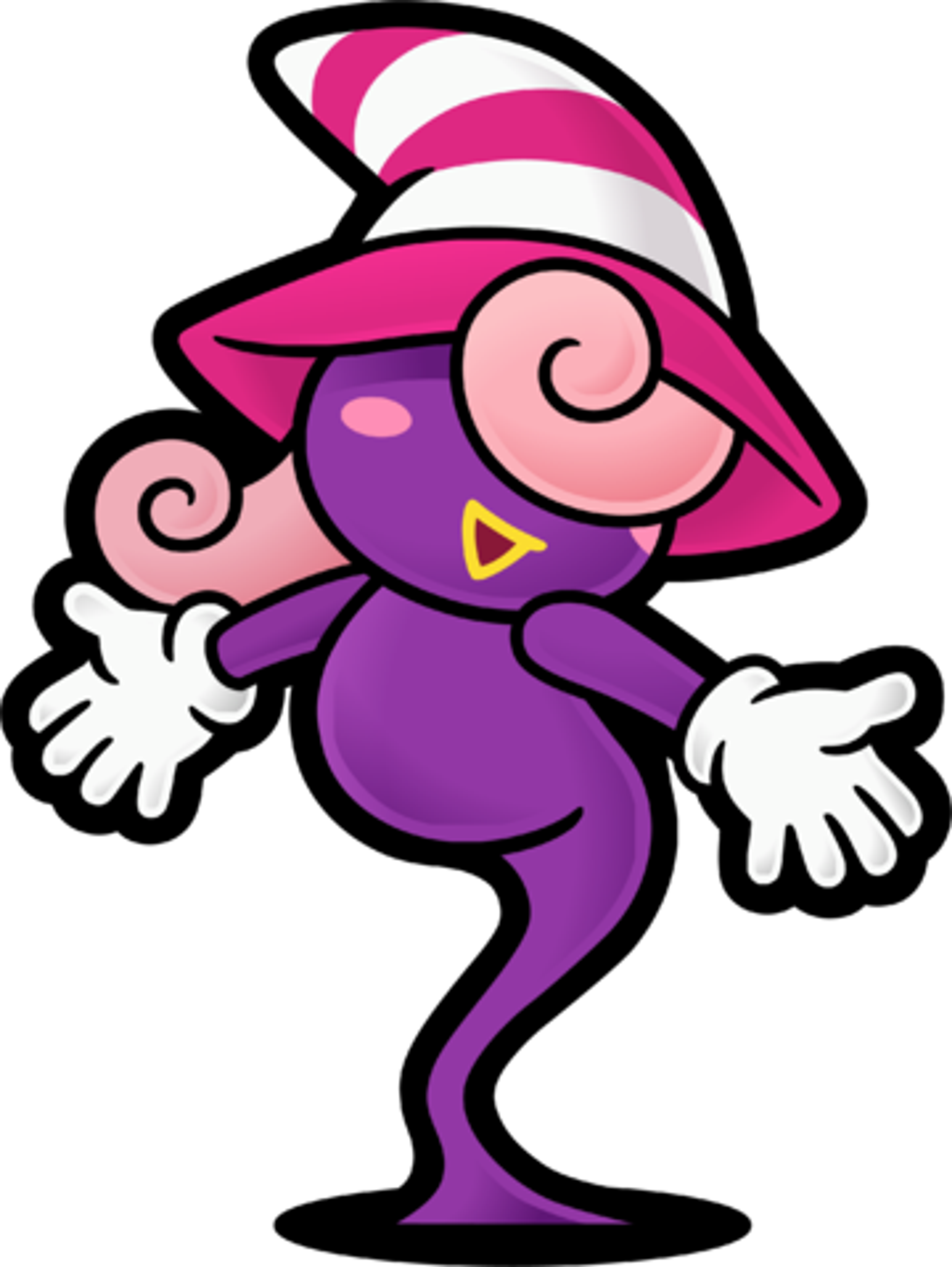 A friendly, cartoon-style female character with a purple body and a hat with a curled brim.