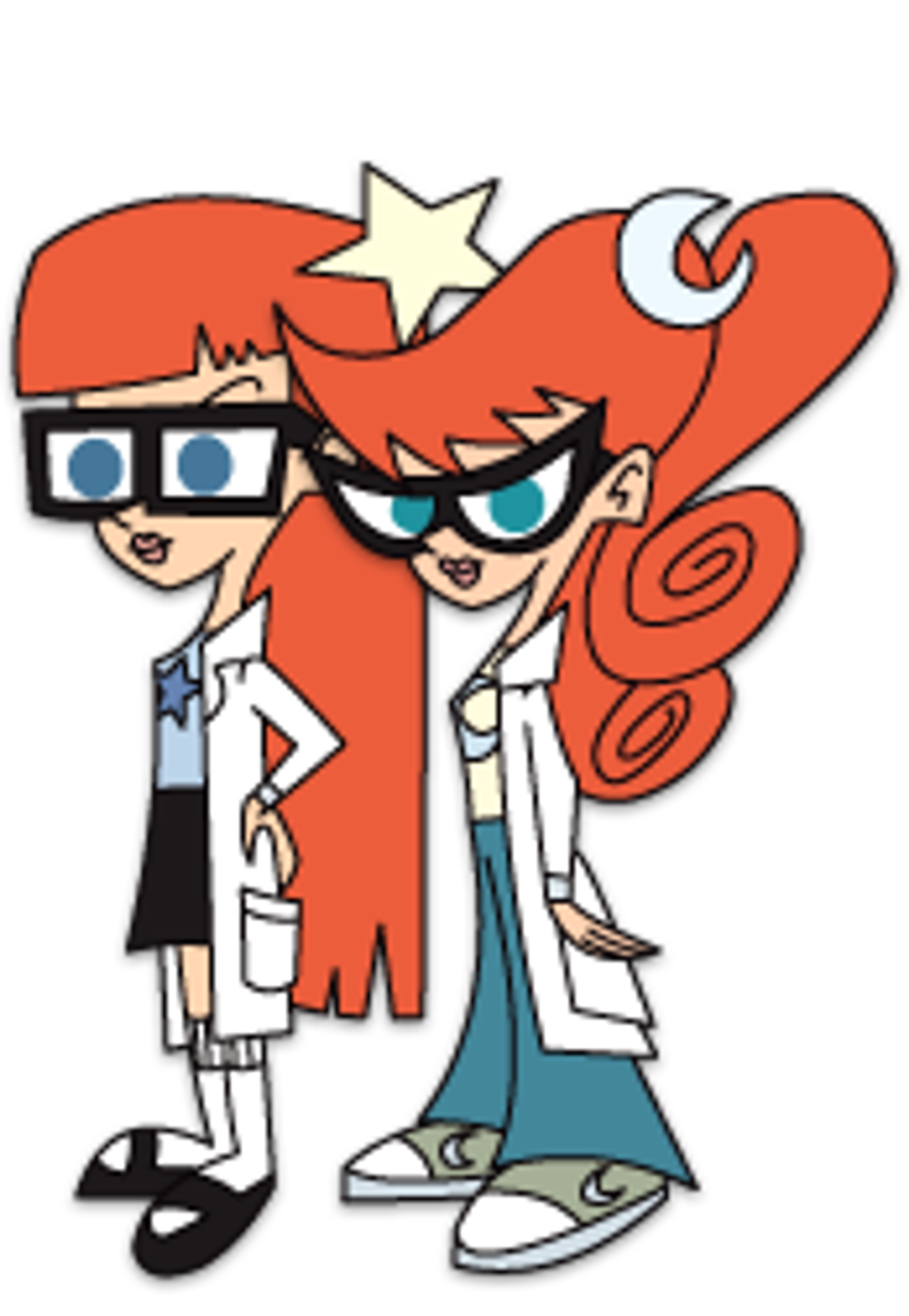 Two cartoon characters, a girl and a boy, standing together in a dynamic pose.