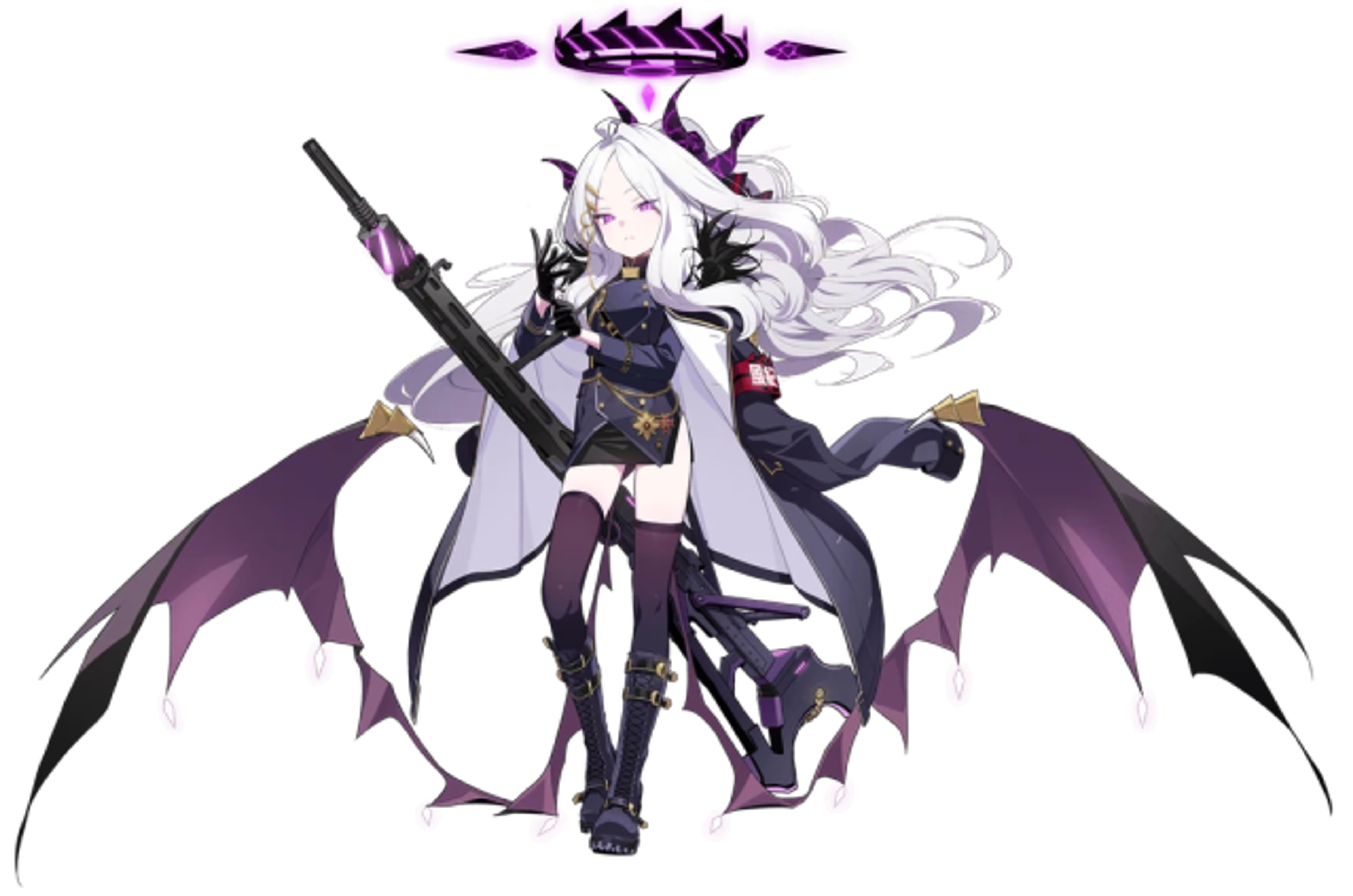 An anime-style character with light hair, a dark uniform, and bat-like wings, holding a weapon in a combat stance.
