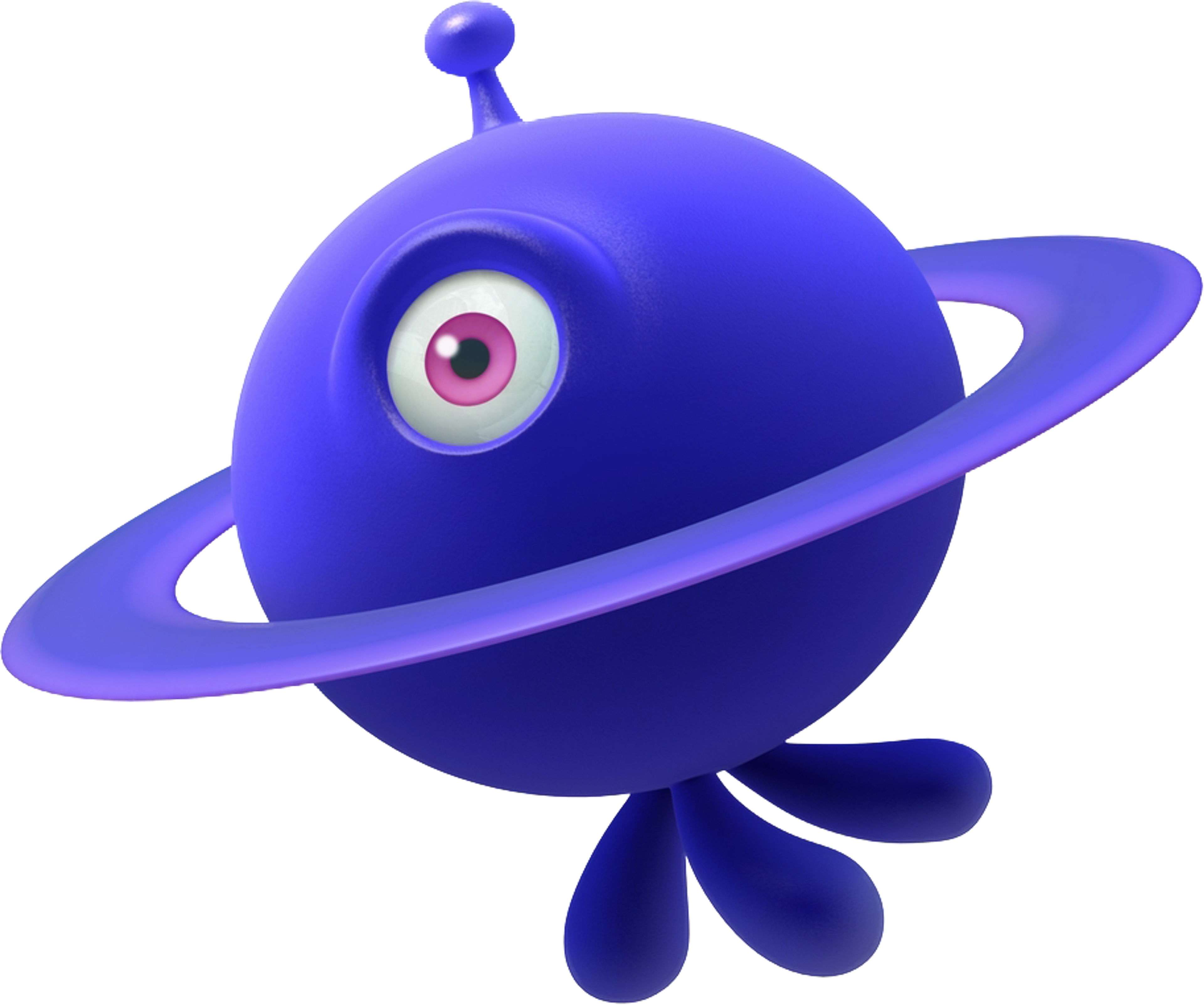 Indigo Wisp, a small spherical alien with an indigo planetary ring body, one violet eye, and three tentacles