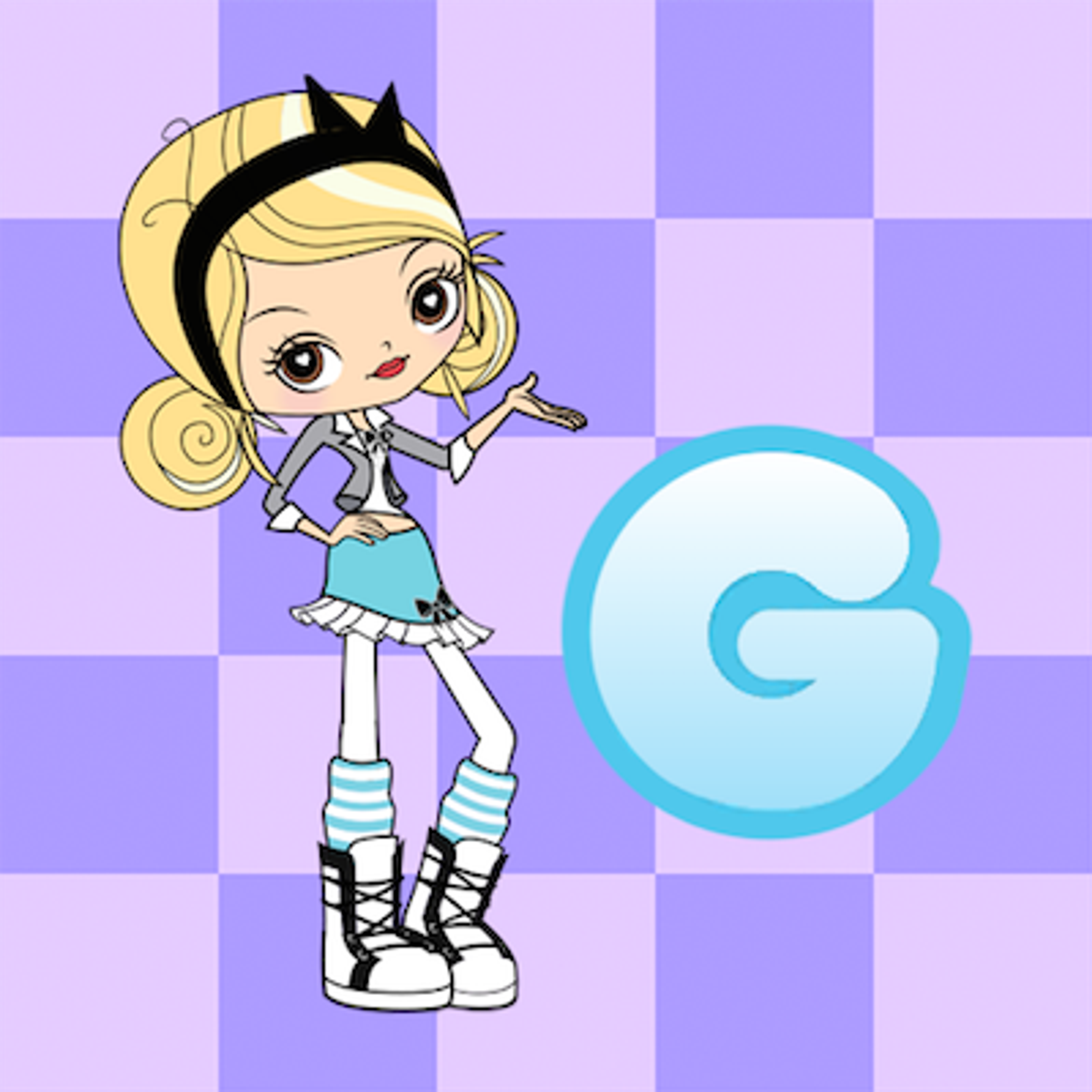 An anime-style female character with blonde pigtails and a purple and white outfit