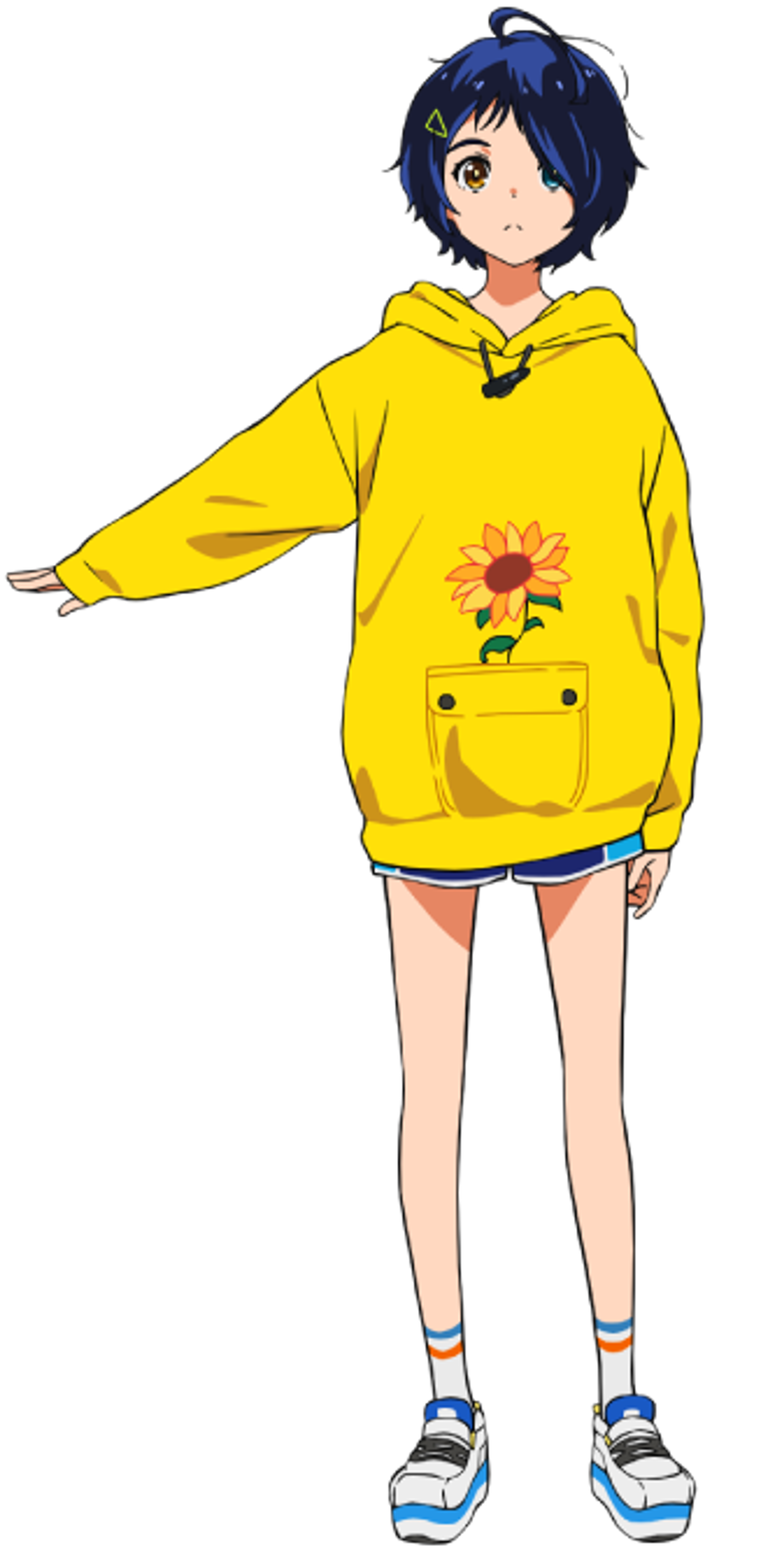 An anime-style girl with blue hair, heterochromia, and a yellow sunflower hoodie