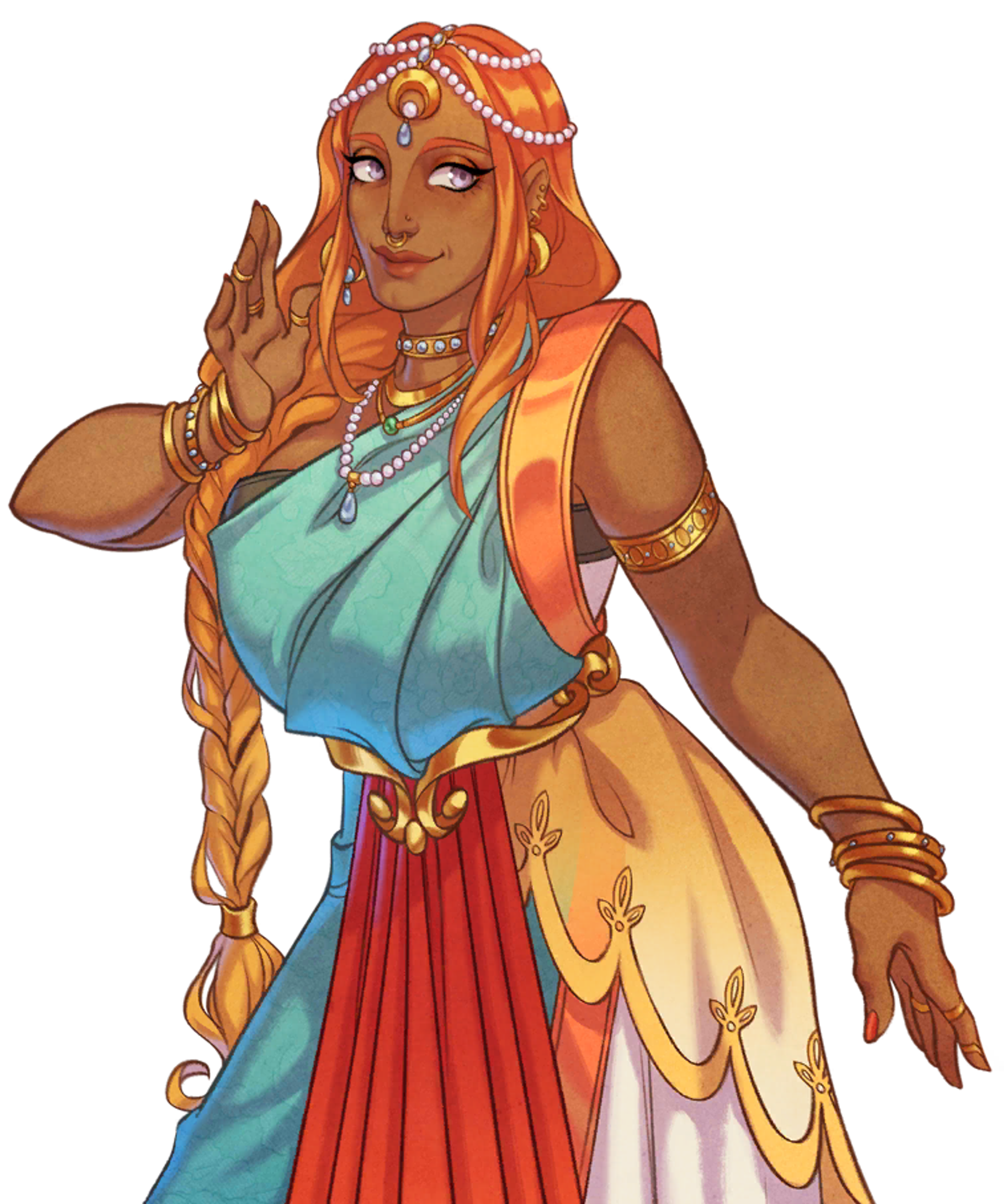 A fantasy princess character with orange hair, blue and orange dress, and a mystical aura-seeing ability.