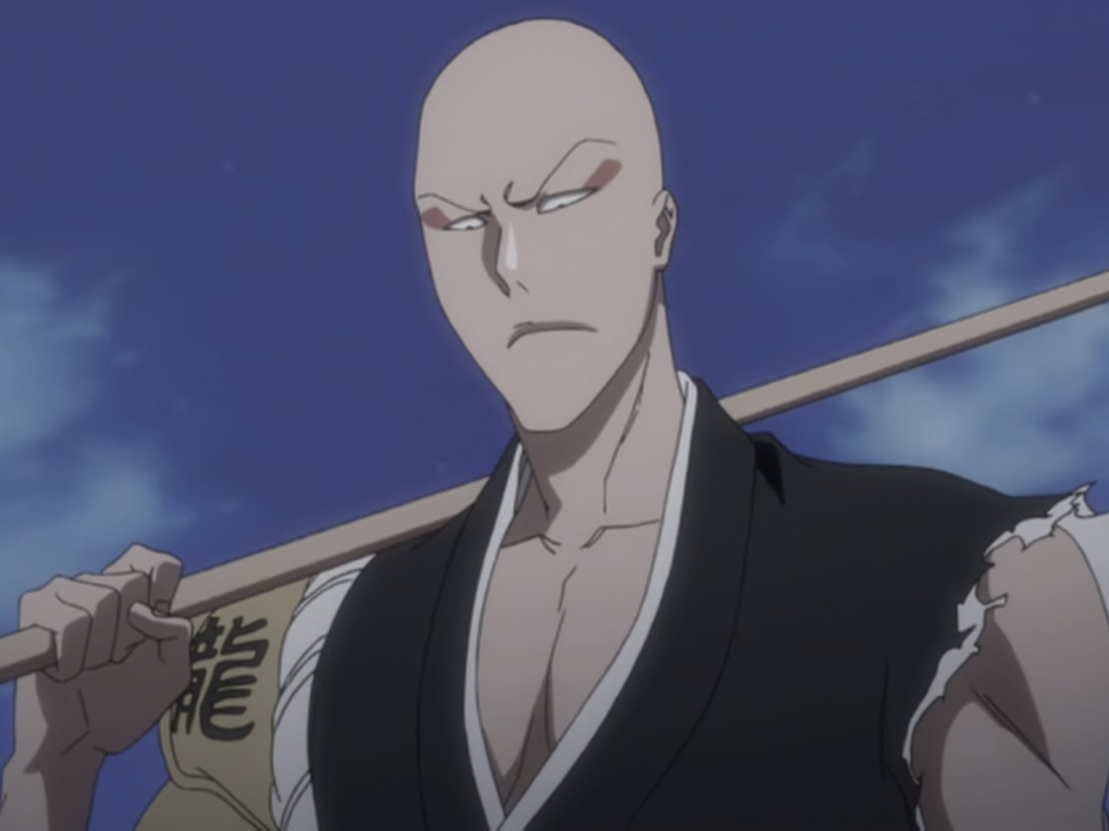 A bald-headed man in a black Shinigami uniform, with a serious expression and red eye markings.