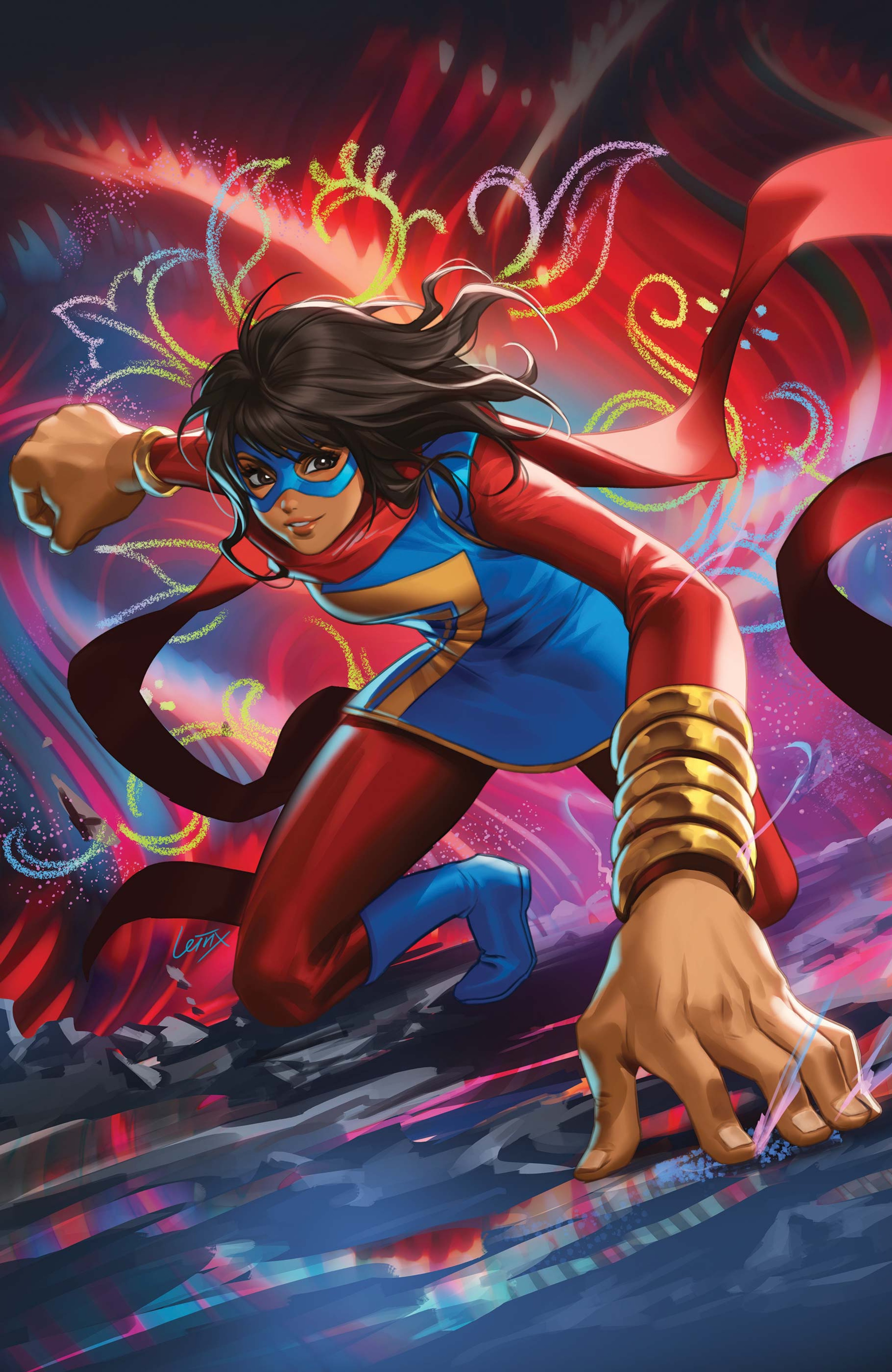 A young woman in a superhero costume with glowing hands, in a fighting stance against a colorful abstract background.