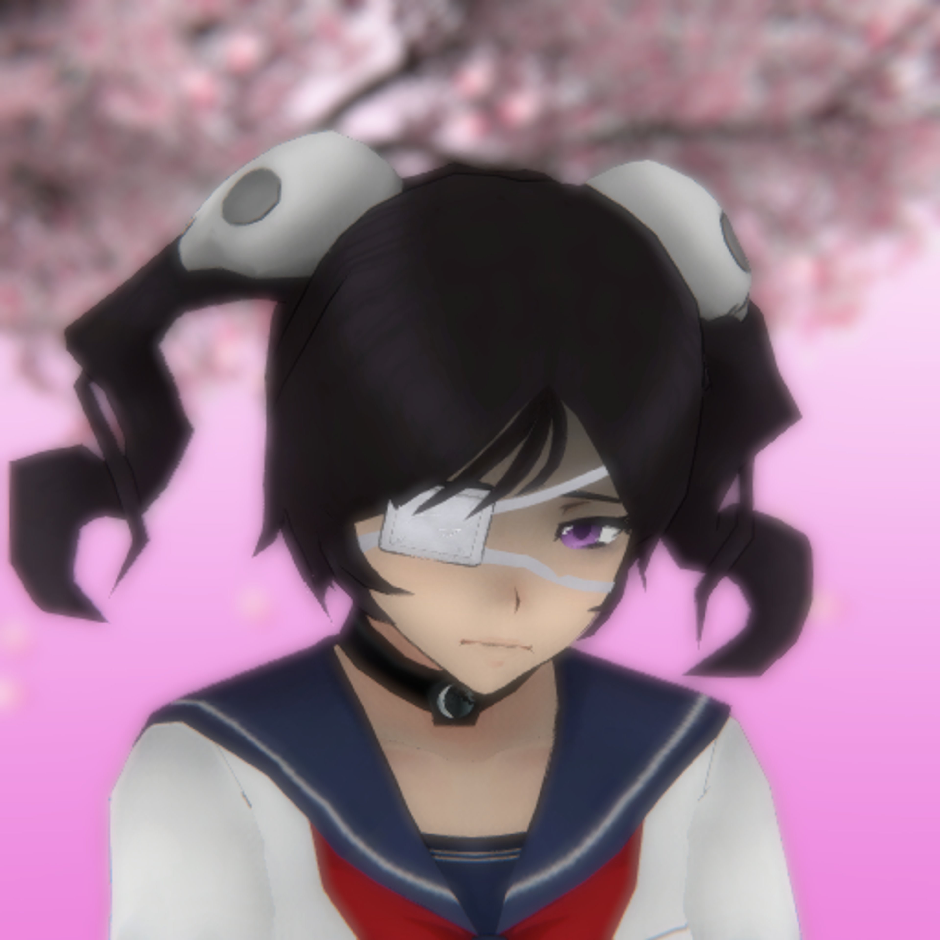 An anime-style character with gray pigtails and a medical eyepatch