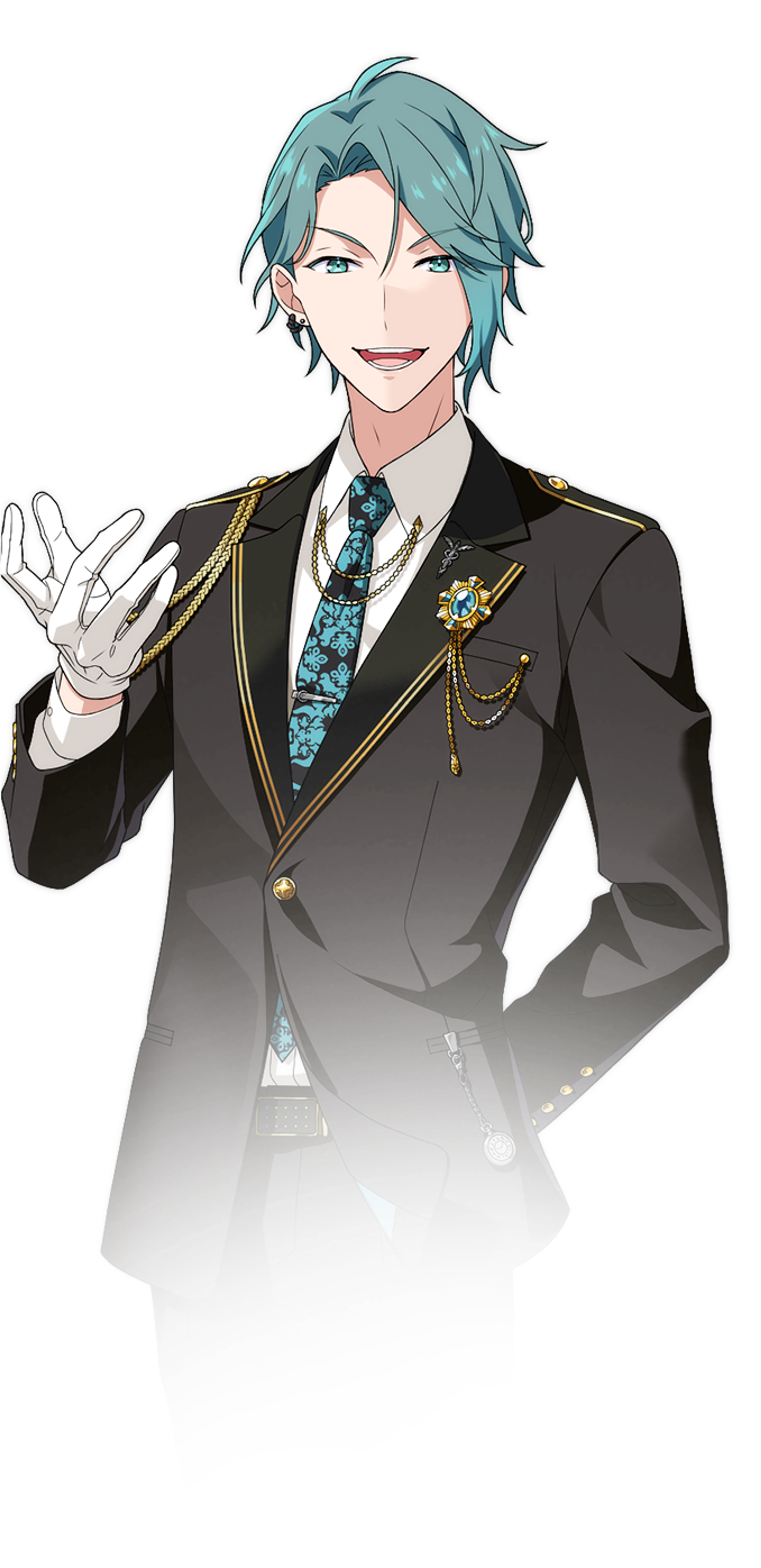 A confident, arrogant-looking young man with teal hair wearing a black suit with gold accents.