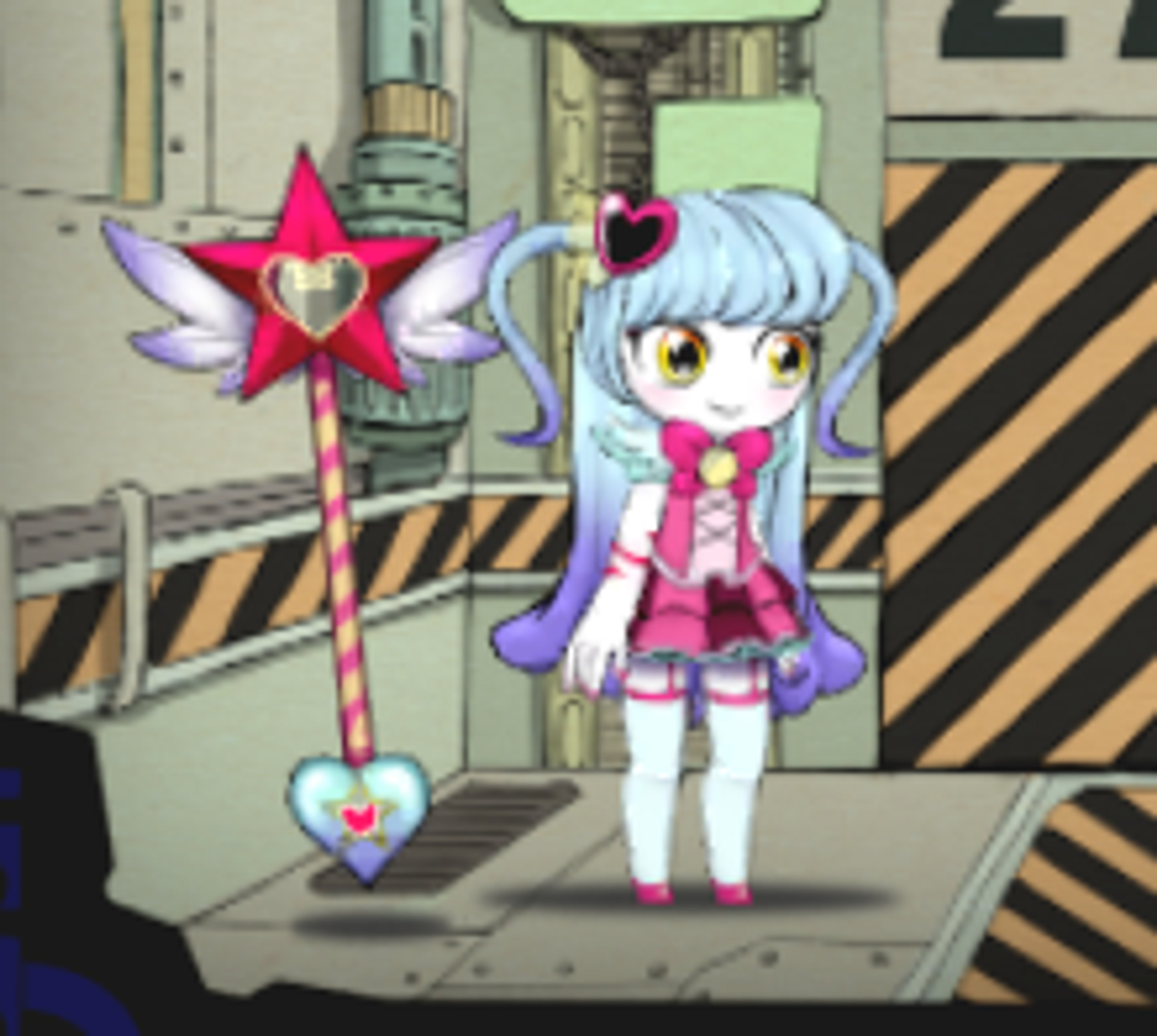 An anime-style magical girl character with pale skin, large eyes, and colorful hair holding a magical staff.