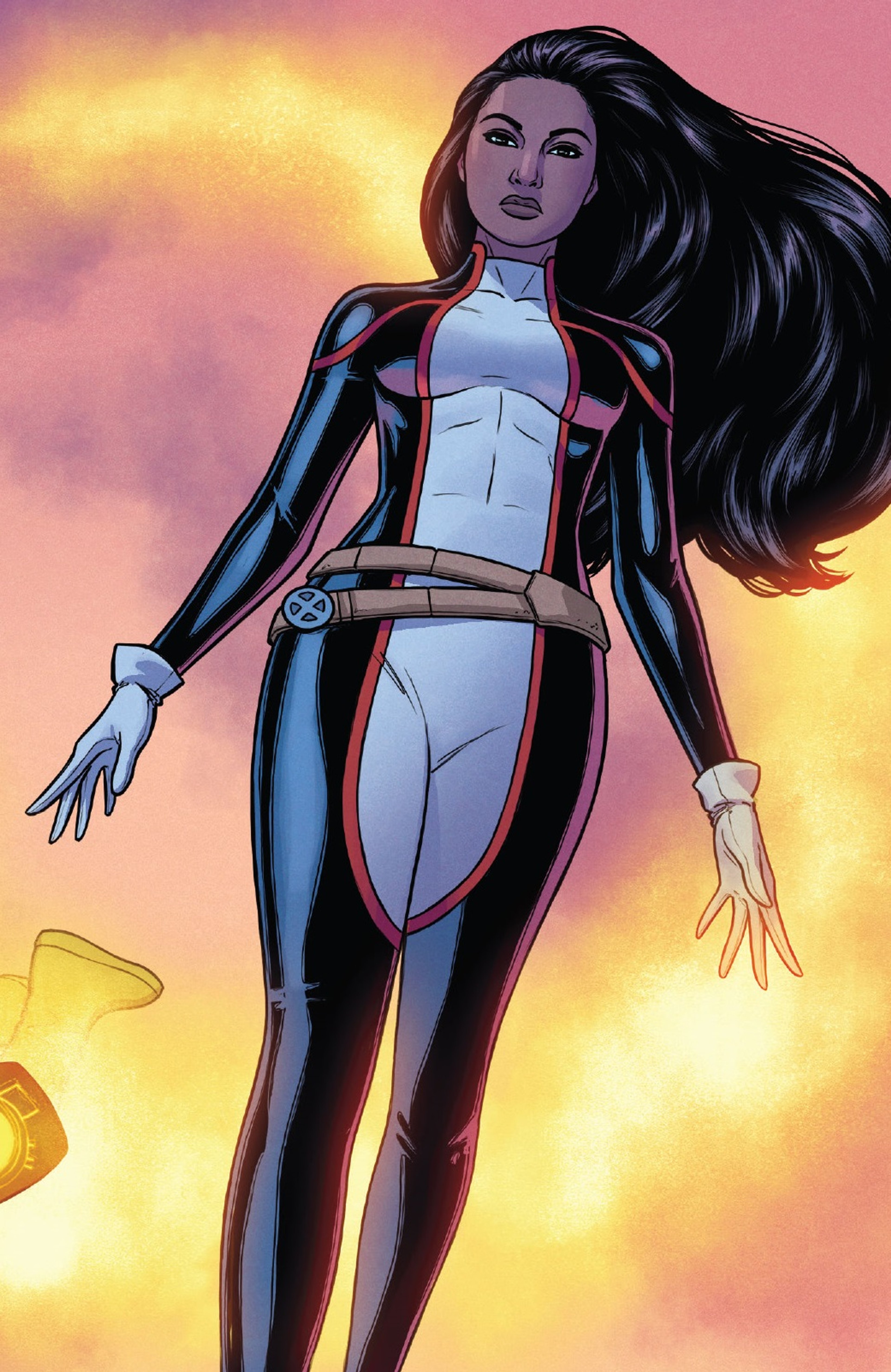 A powerful, confident-looking female mutant character in a tight-fitting bodysuit.