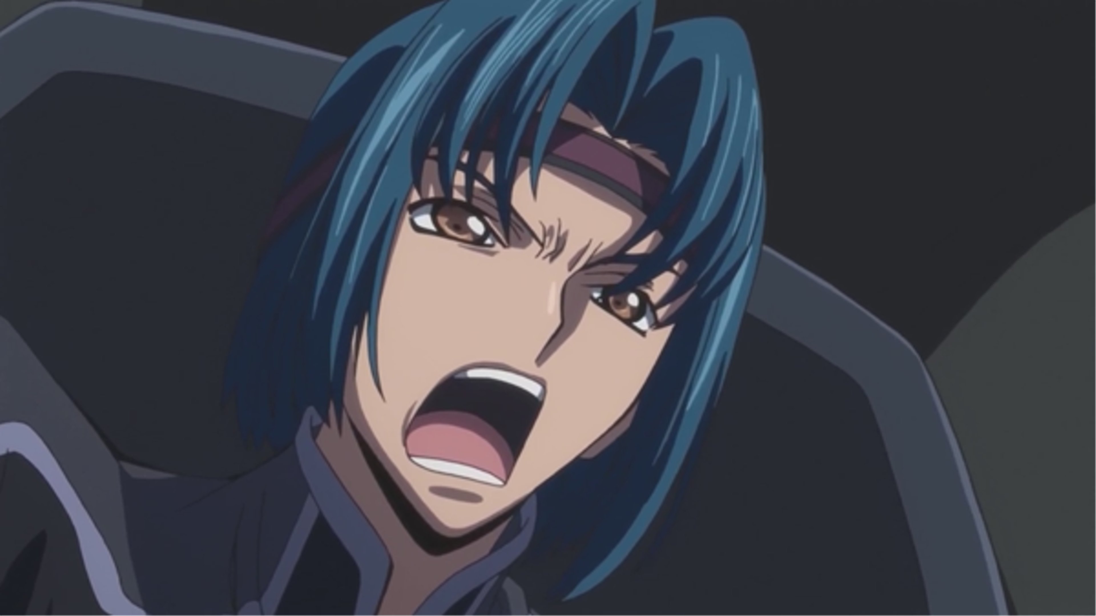 A young man with teal blue hair and brown eyes wearing a military uniform or outfit, with a serious expression on his face.