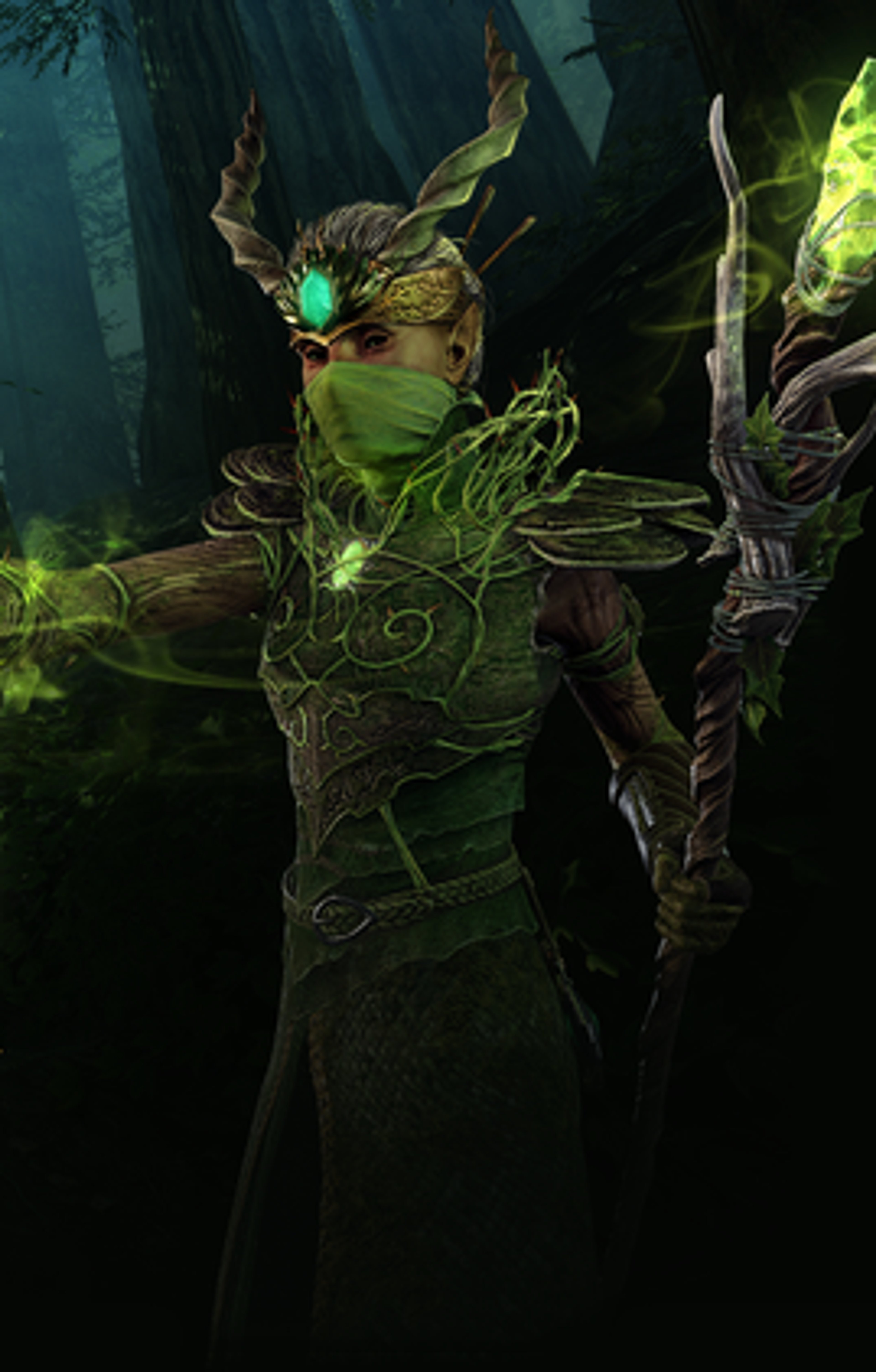 A female elf-like character with green skin, pointed ears, and glowing green eyes, wielding a bow and arrow and surrounded by mystical green energy.