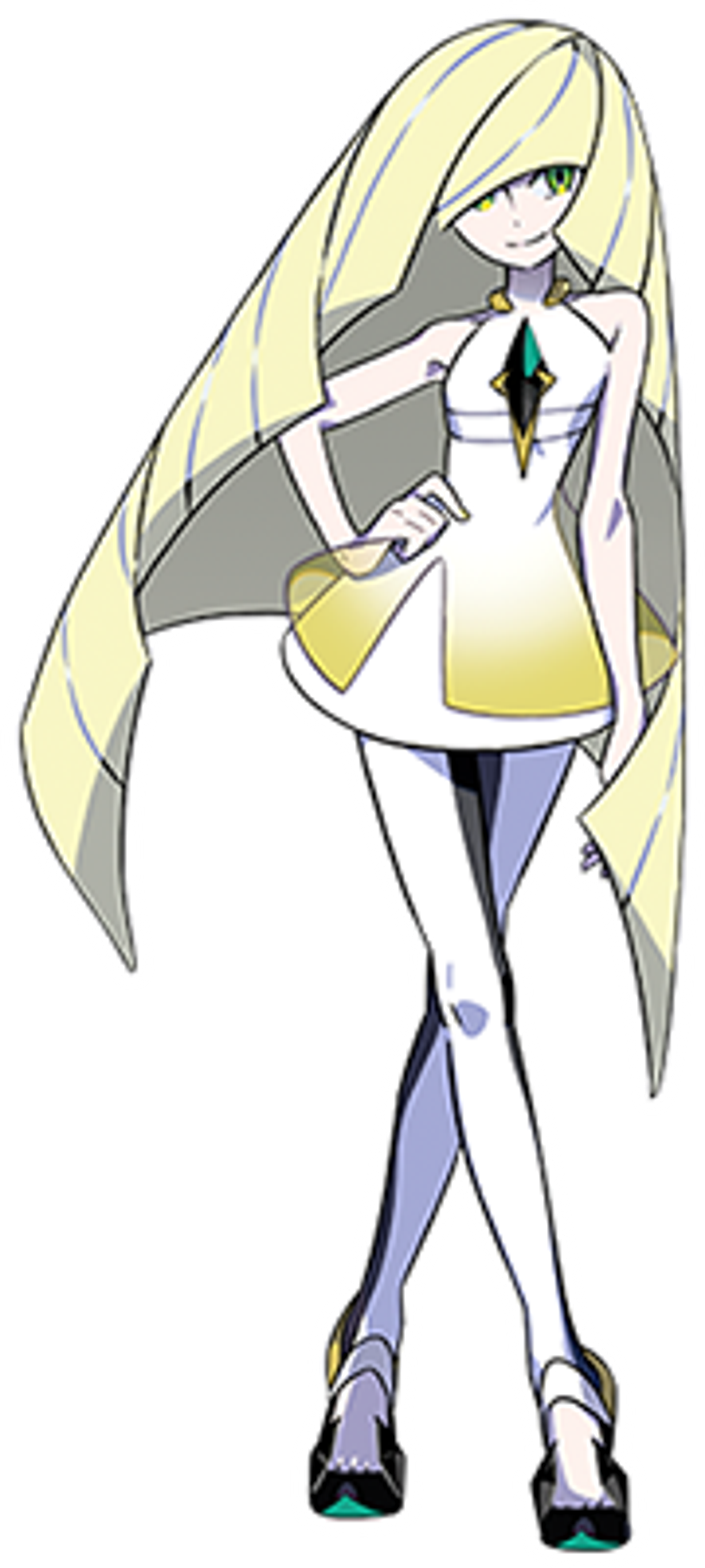 A female character with long blonde hair wearing a white dress and black stockings