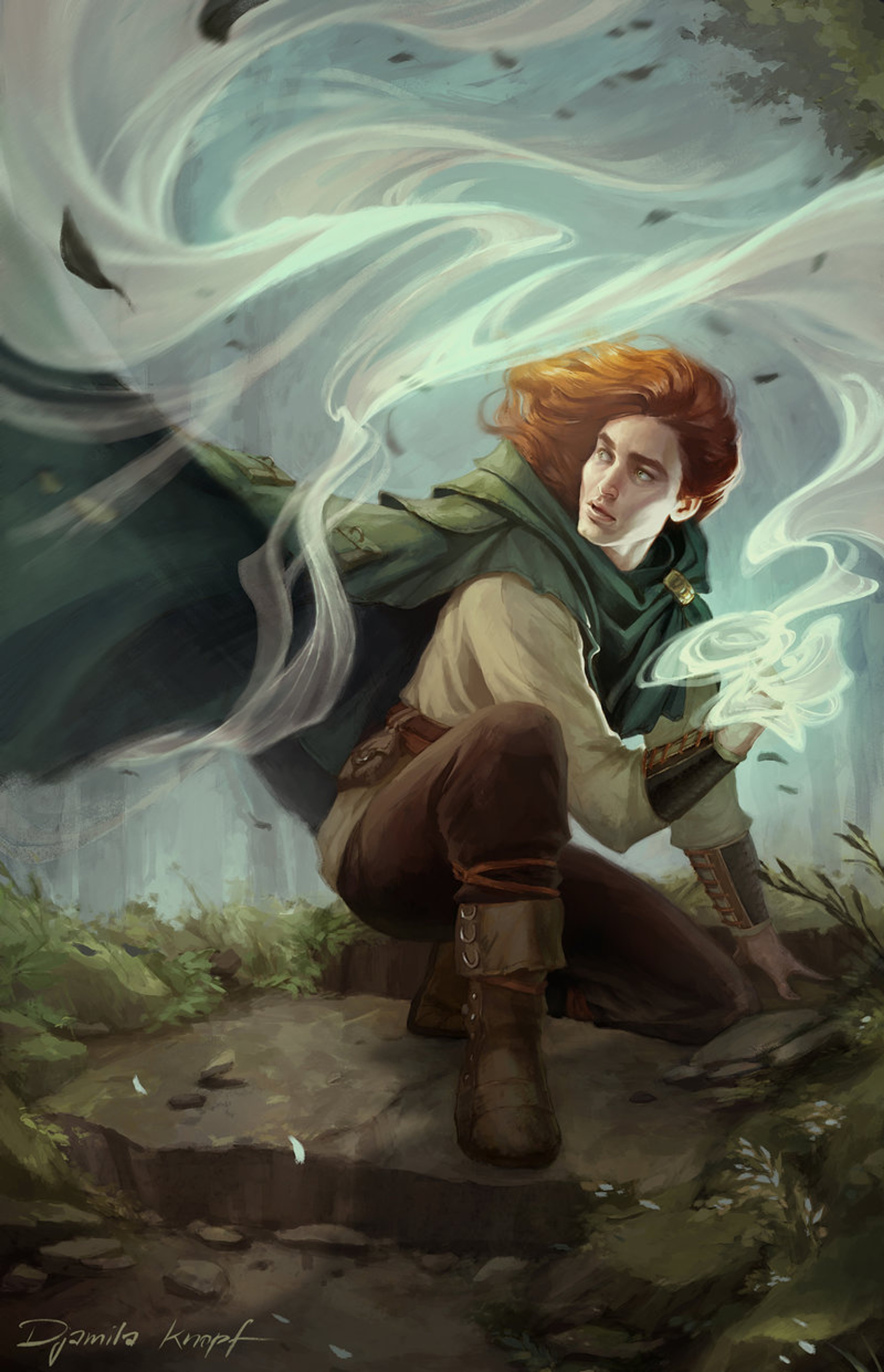 A young man in a green cloak standing in a forest with magical energy surrounding him.